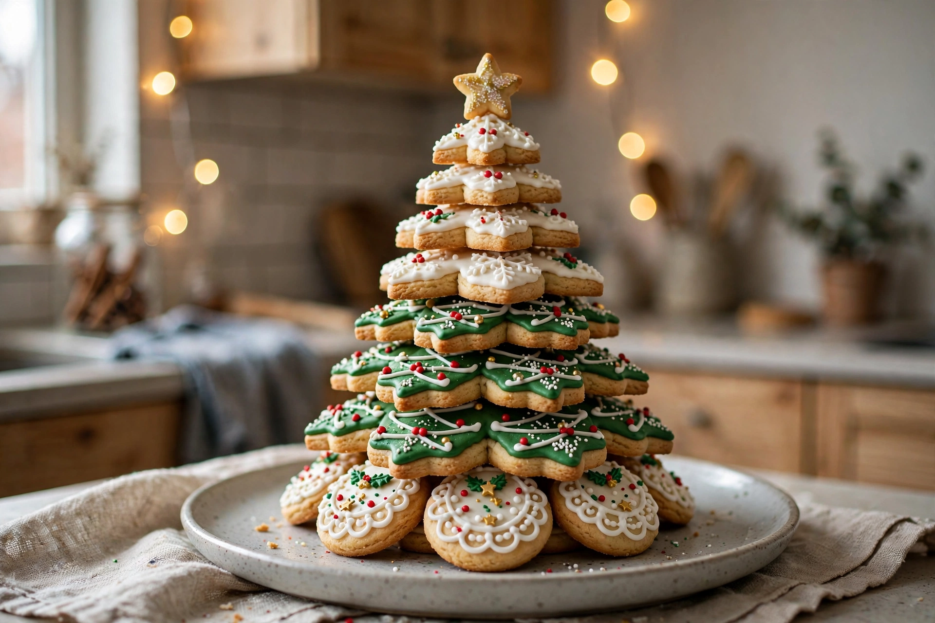 Christmas tree made of stacked frosted sugar cookies on a cake stand