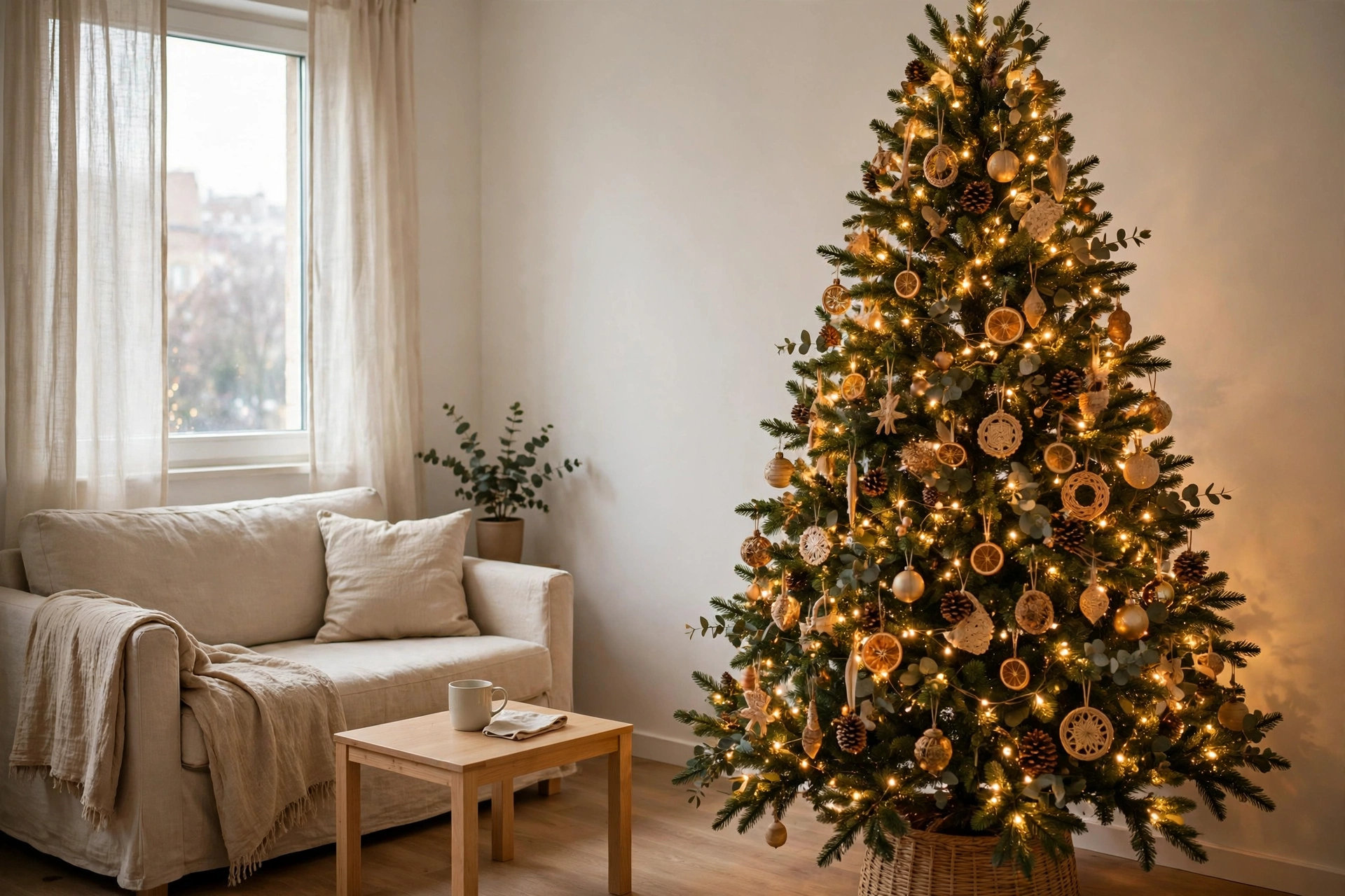 Small living room with one statement Christmas wreath as the confident focal point