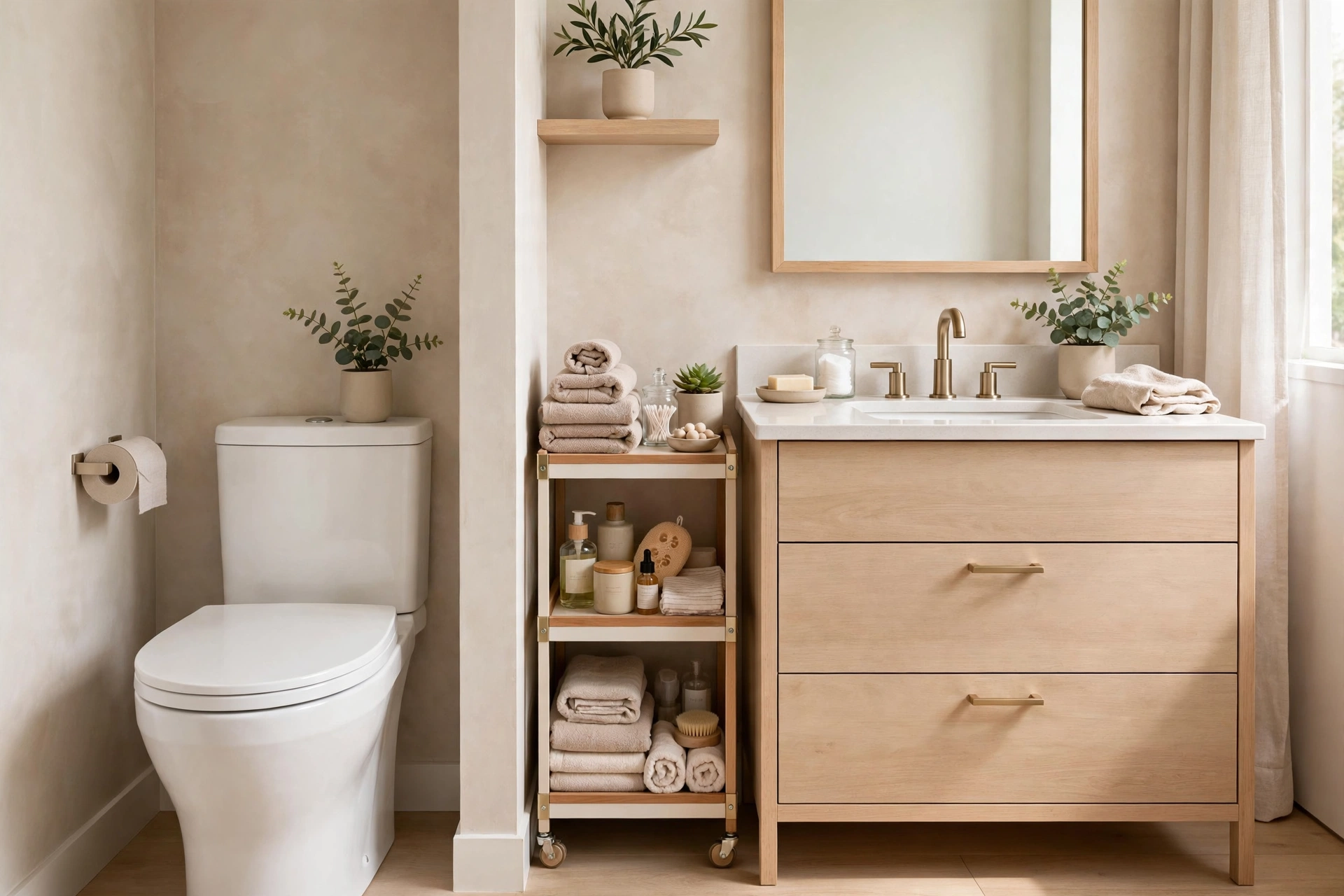 Slim rolling storage cart organized between toilet and vanity