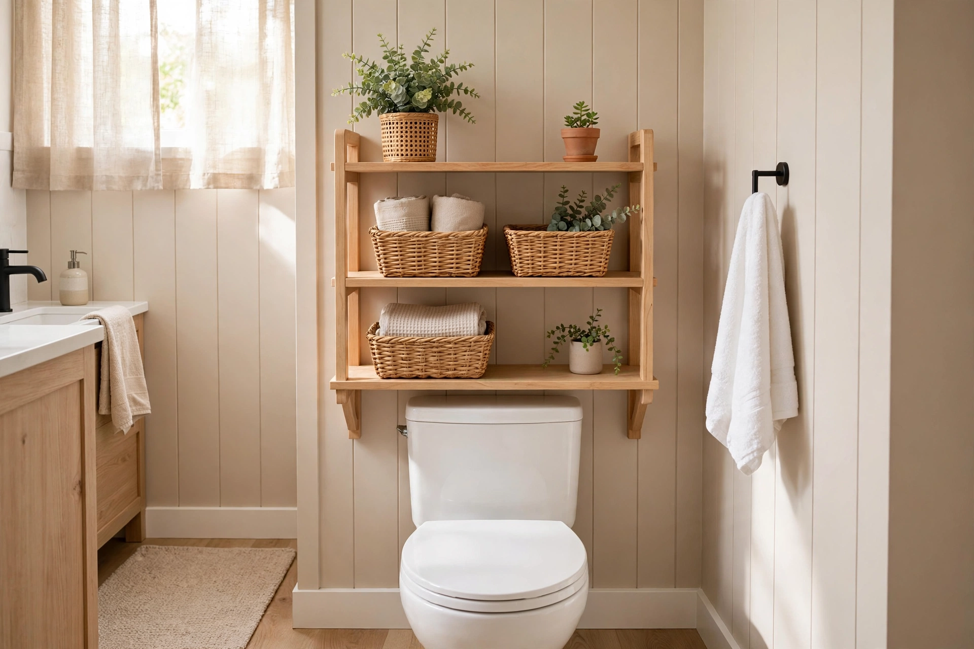 Wooden over-the-toilet shelving unit with baskets and plant