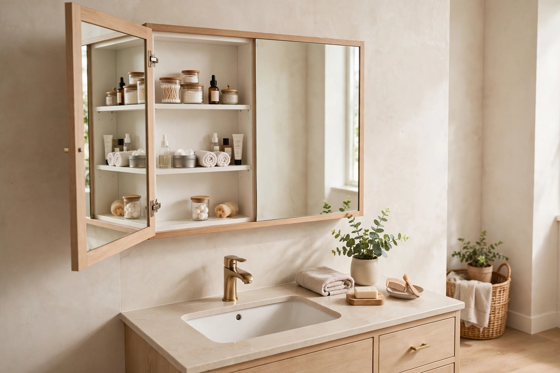 Mirrored medicine cabinet above a bathroom sink