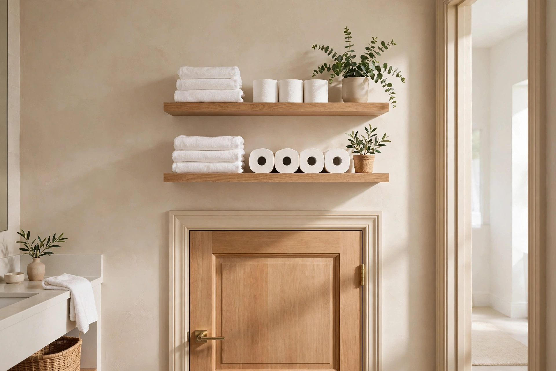 Floating shelves above a bathroom door holding folded towels