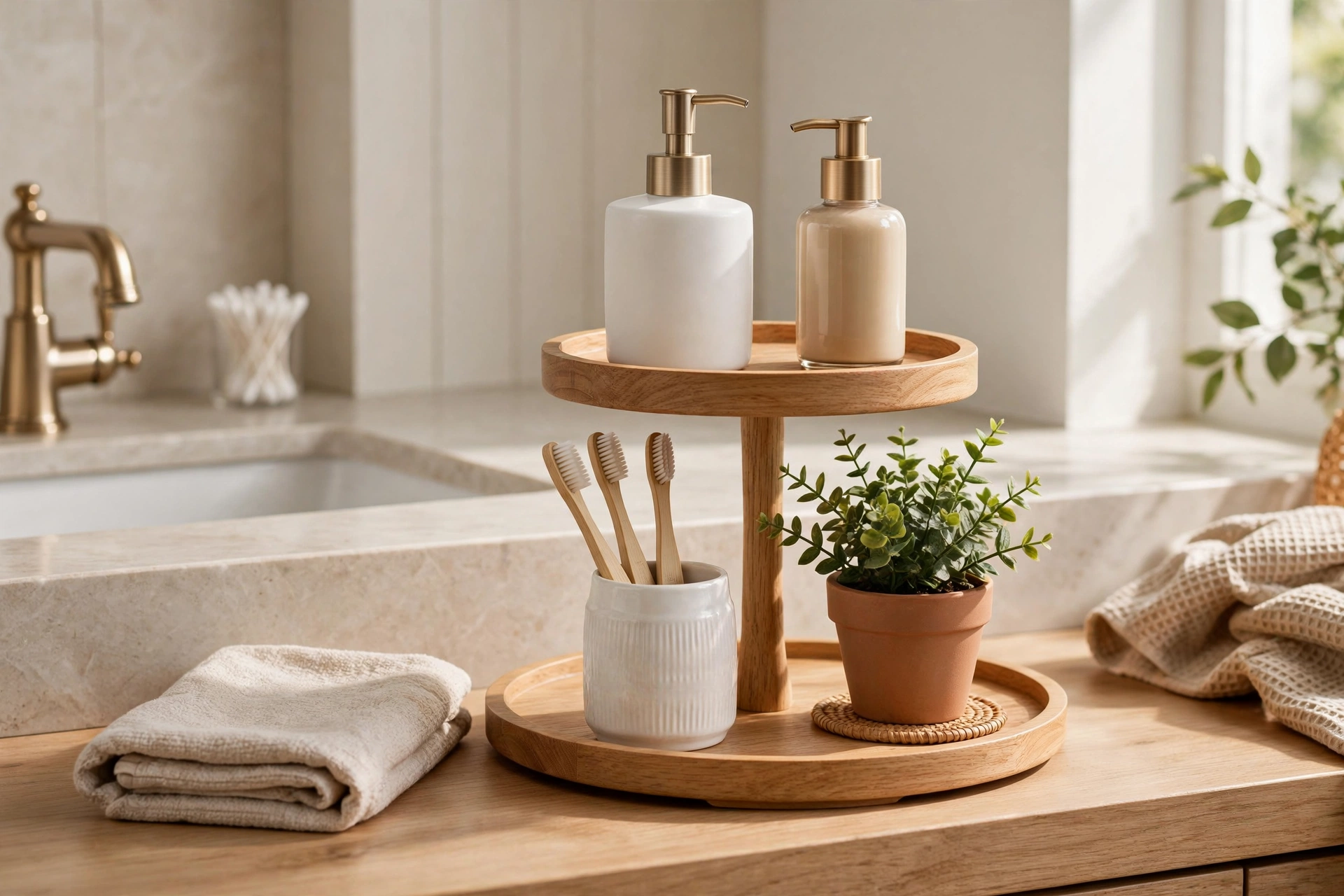 Two-tiered tray organizing toiletries on a bathroom countertop