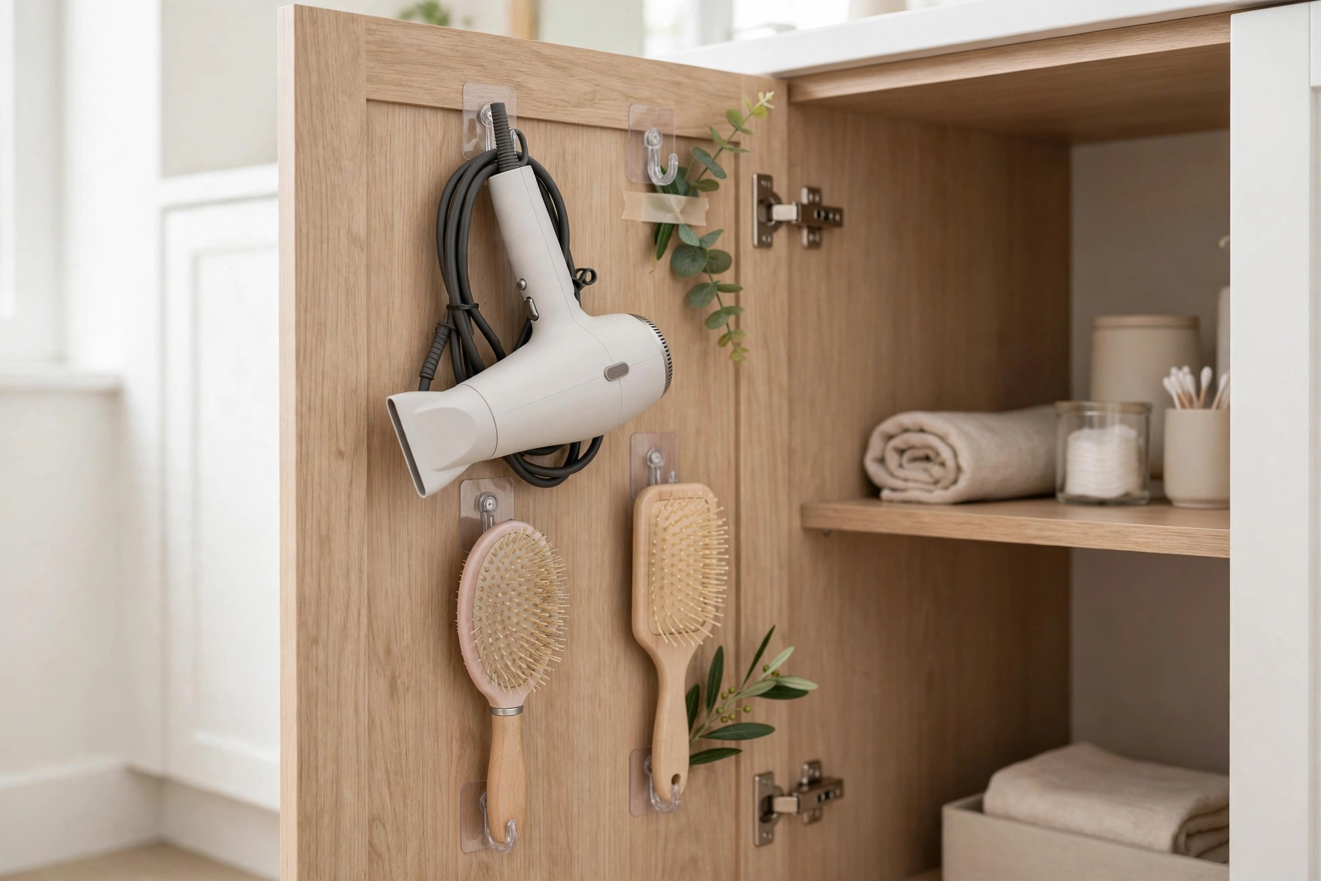 Adhesive hooks inside a vanity cabinet door holding hair dryer and brushes