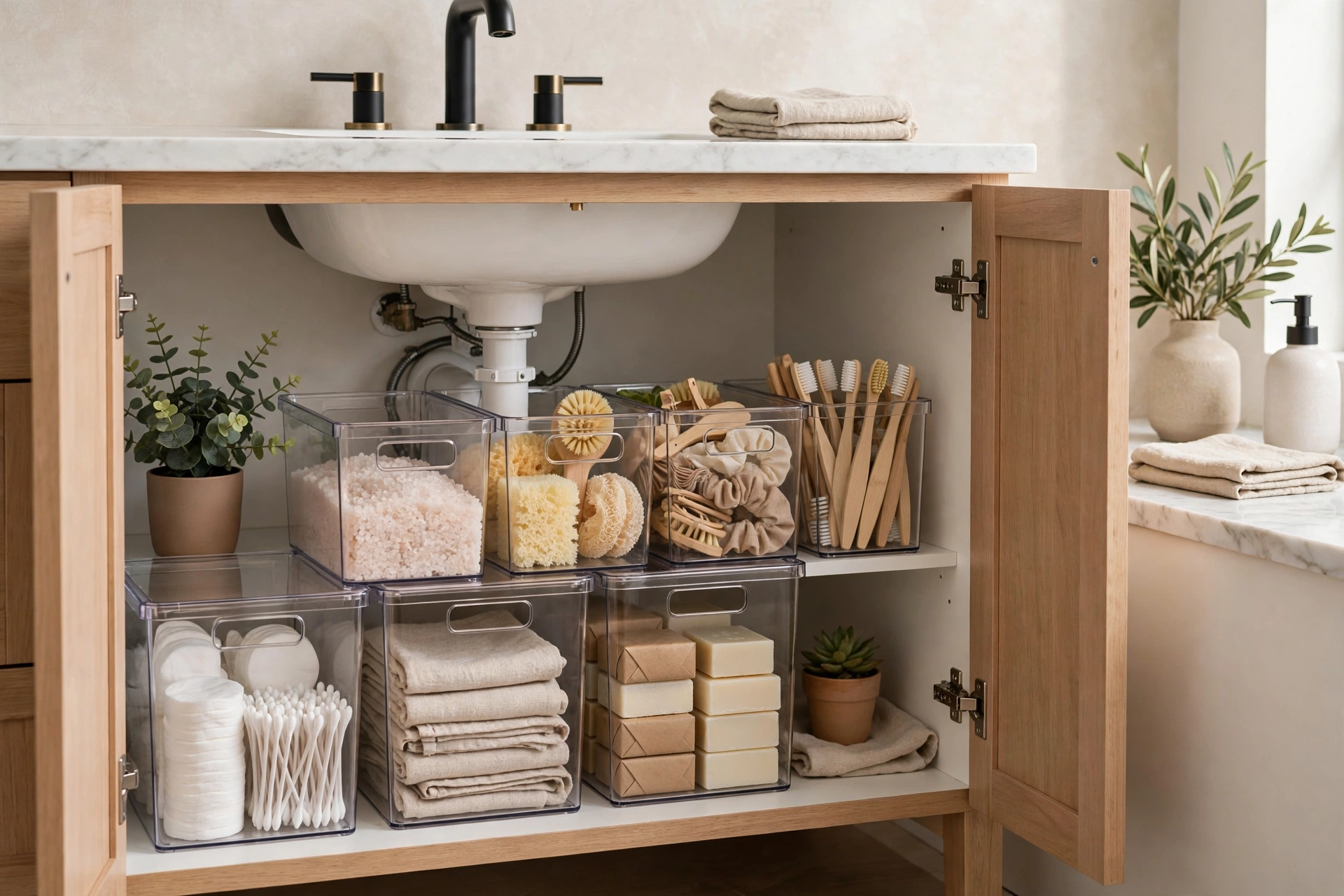 Clear stackable bins organizing under the bathroom sink