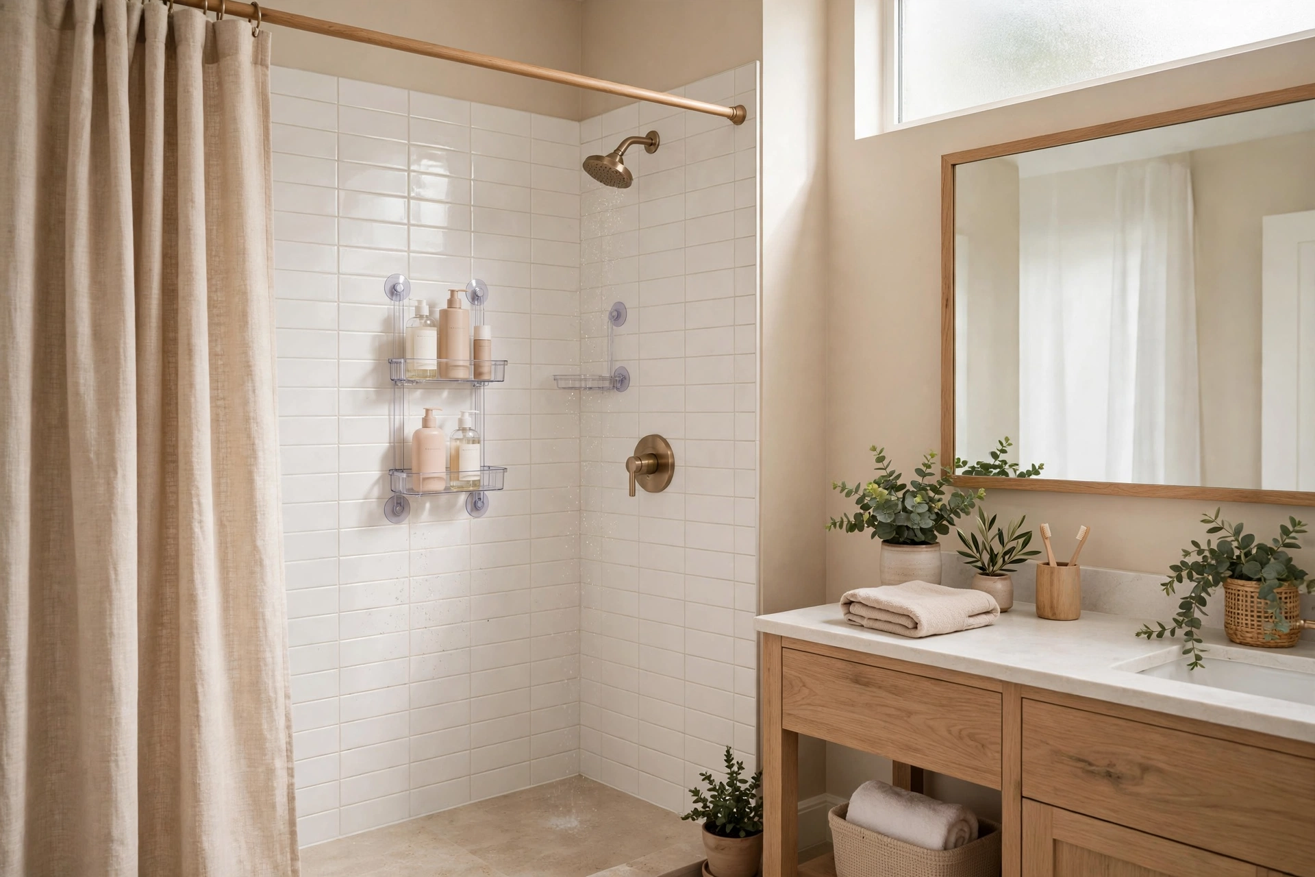 Suction-cup shower caddy shelves on white tile