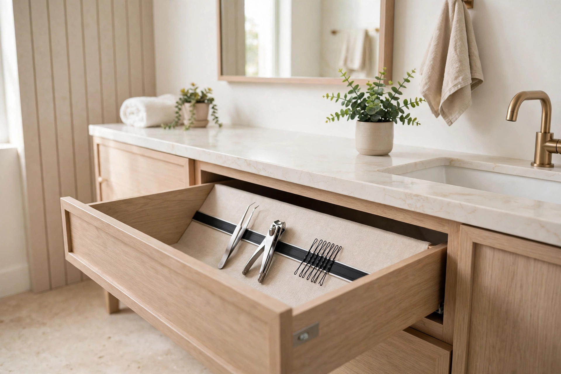 Drawer with magnetic strip holding tweezers and grooming tools