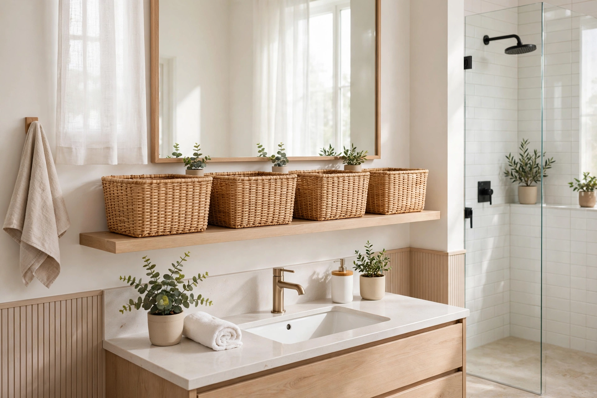 Labeled woven baskets for each family member on a bathroom shelf