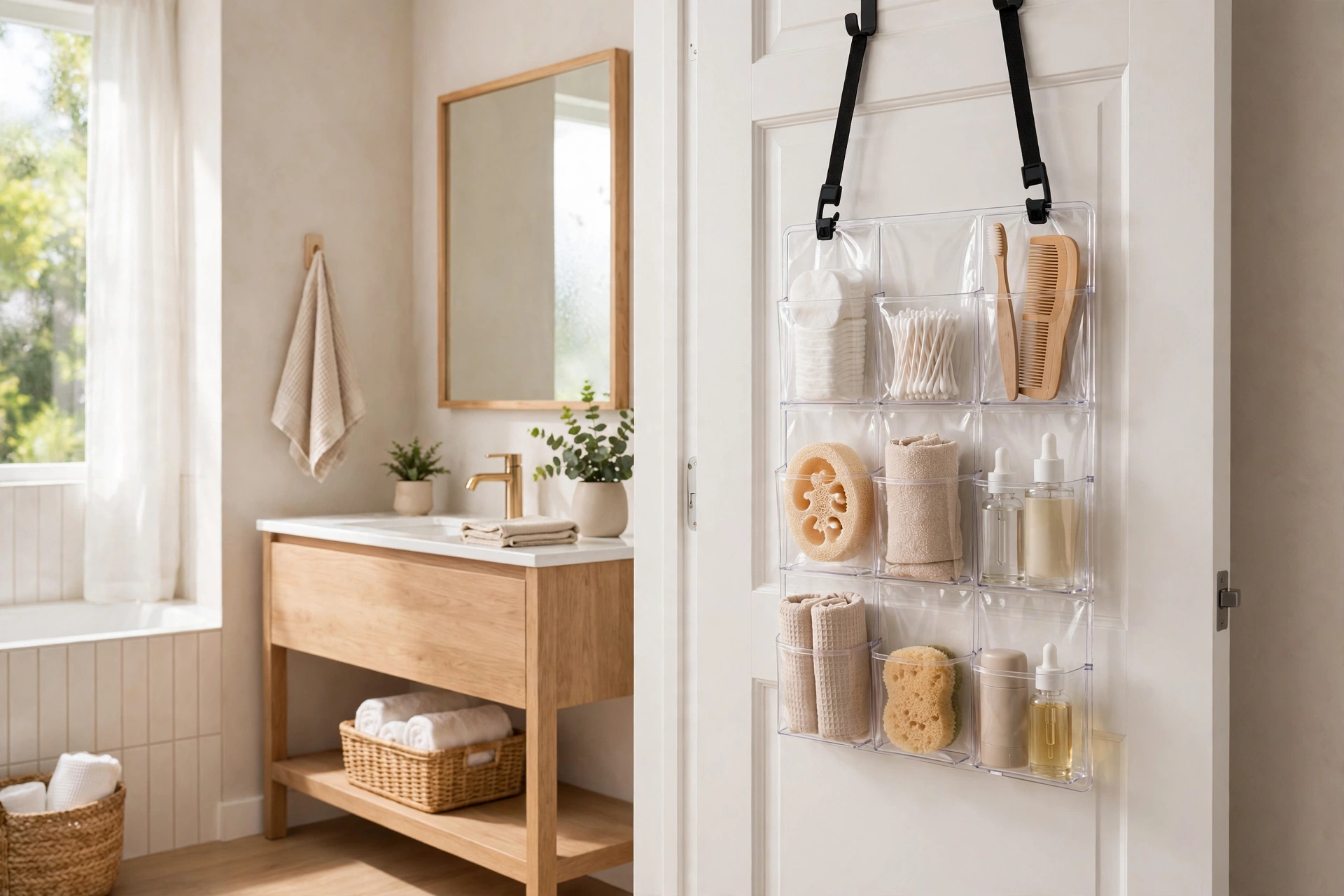 Slim over-door organizer with clear pockets on a bathroom door