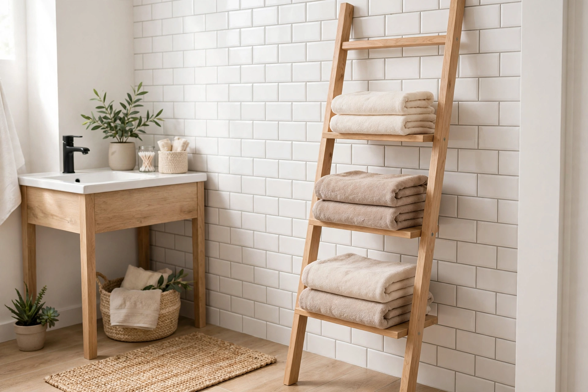Leaning wooden towel ladder with folded towels