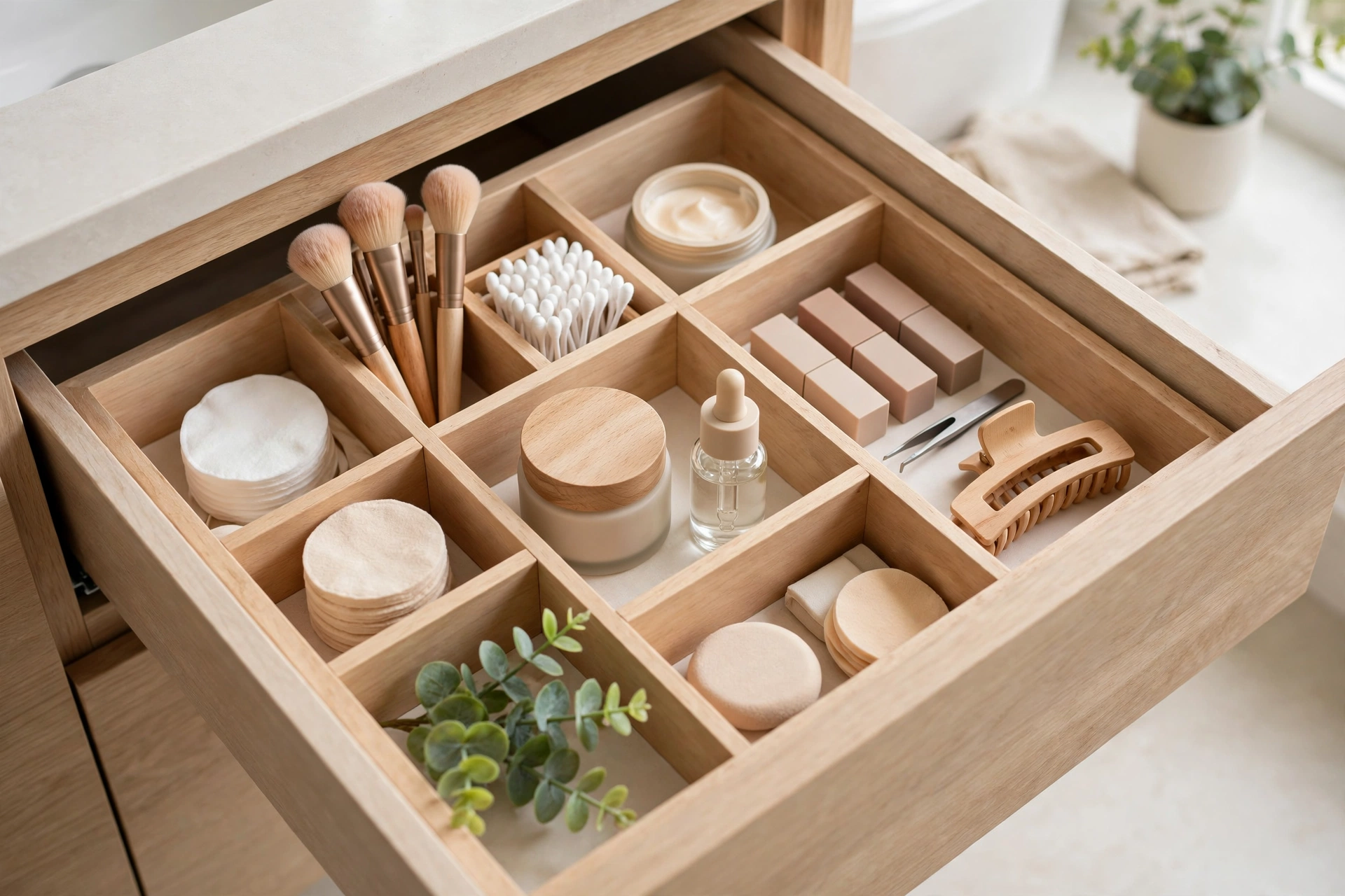 Bathroom vanity drawer with dividers organizing makeup and toiletries