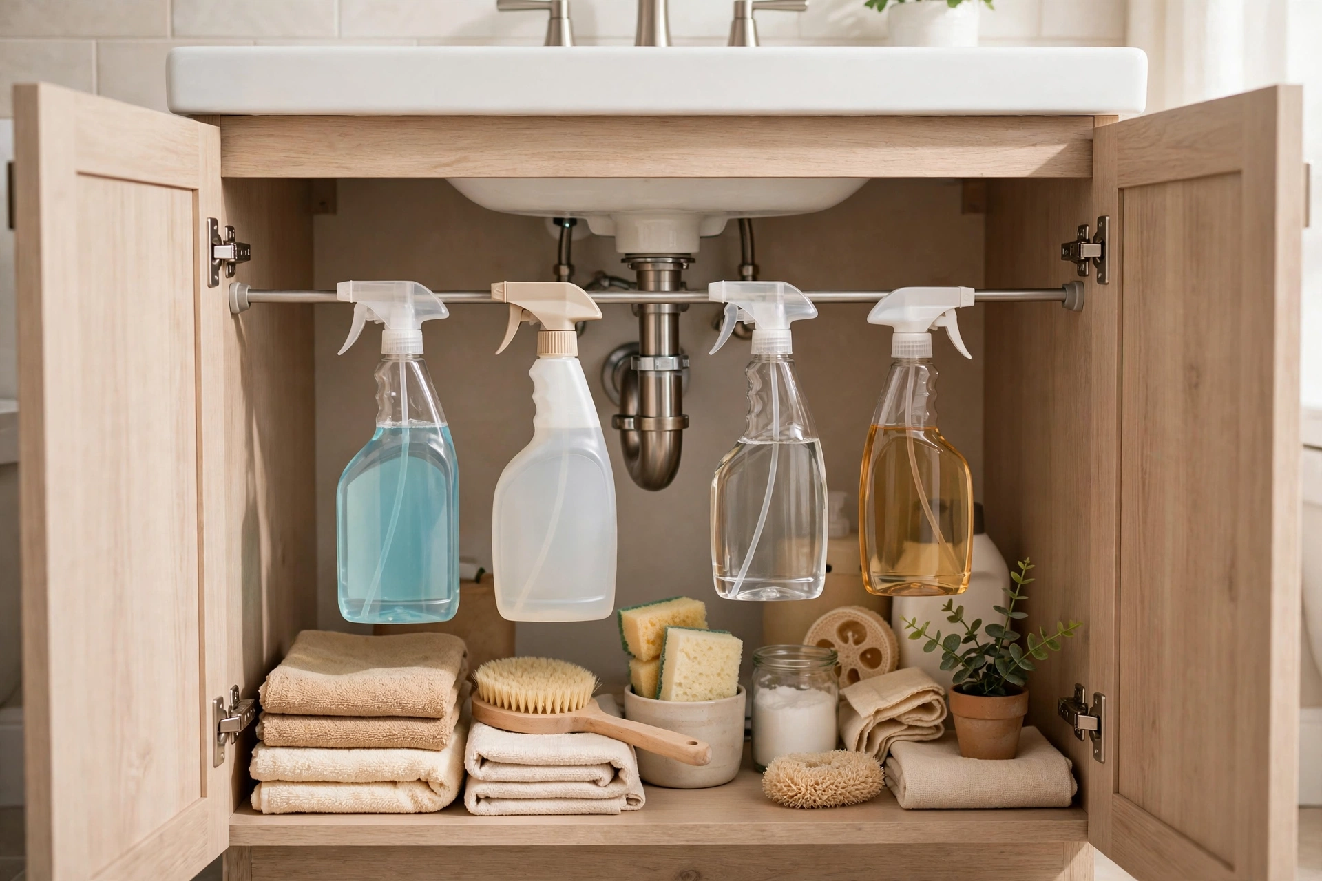 Under-sink cabinet with tension rod and hanging spray bottles