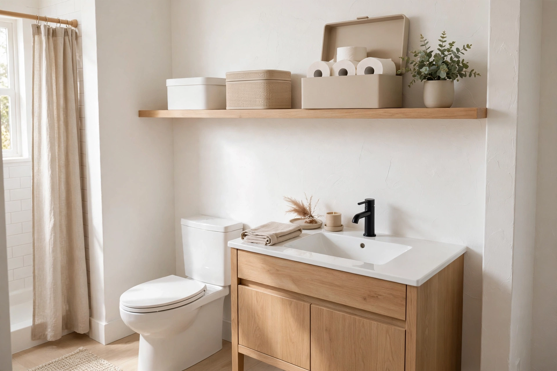 Decorative lidded boxes on a high shelf storing spare toilet paper