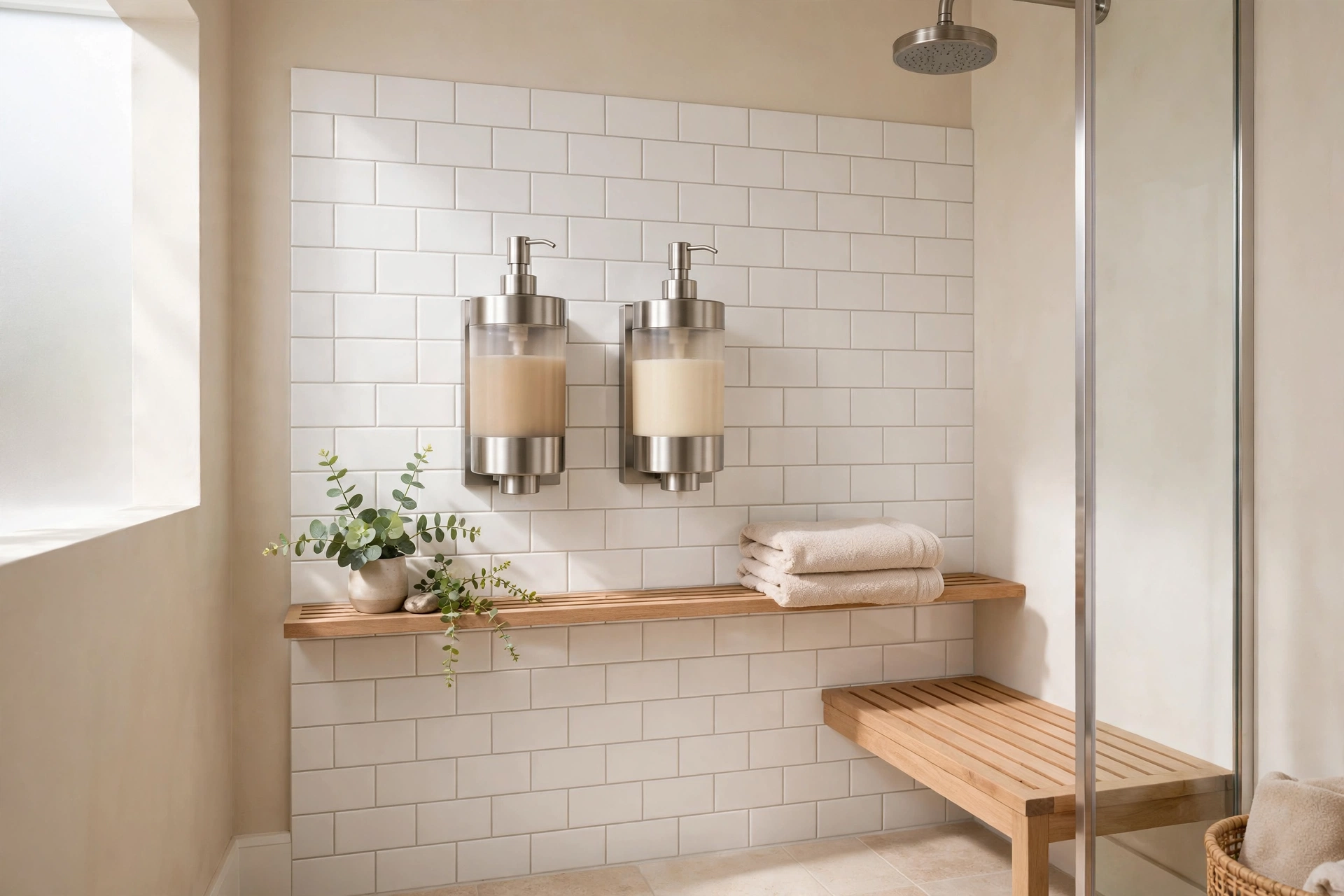 Wall-mounted refillable shampoo and conditioner dispensers in a shower