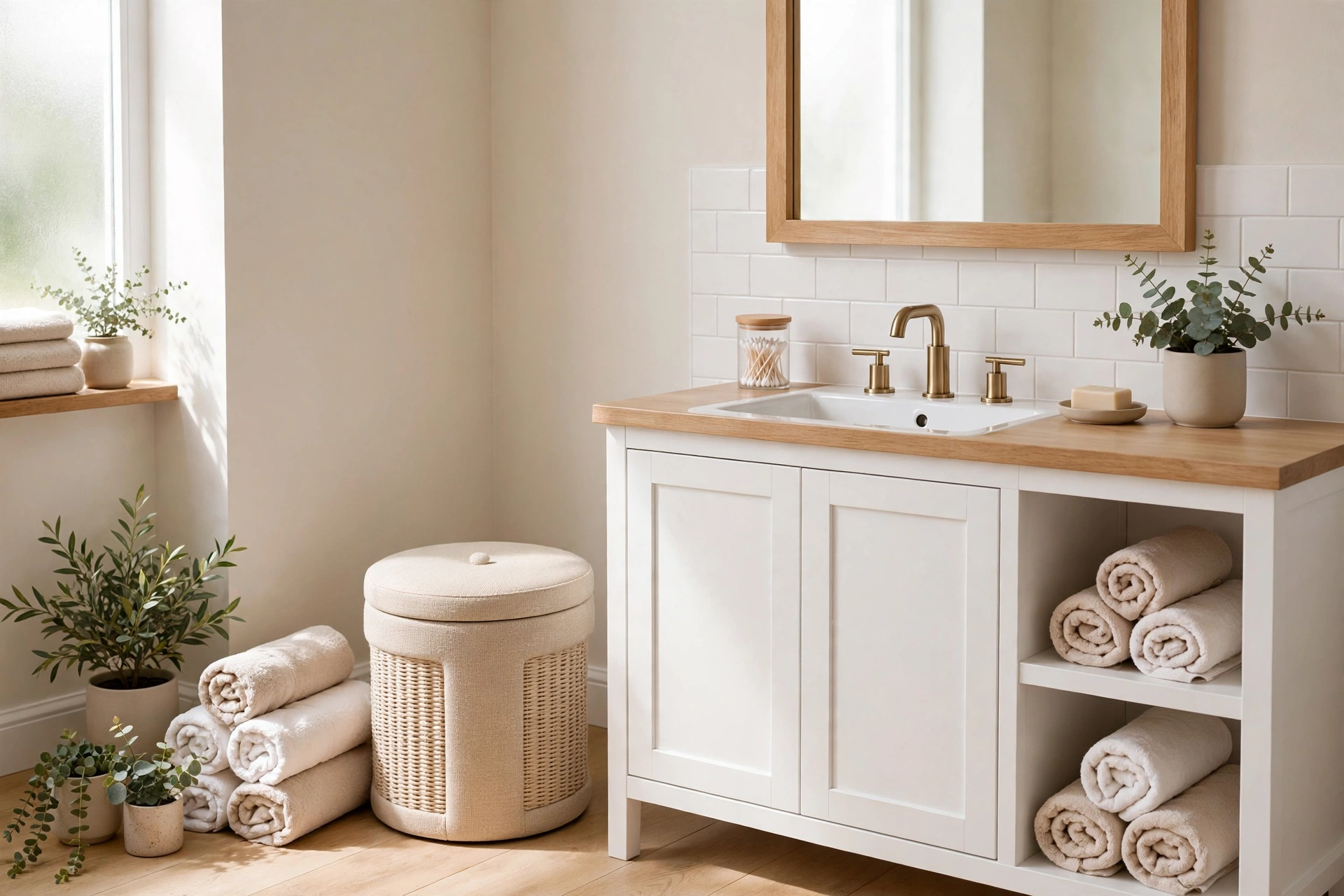 Lidded storage stool beside a bathroom vanity
