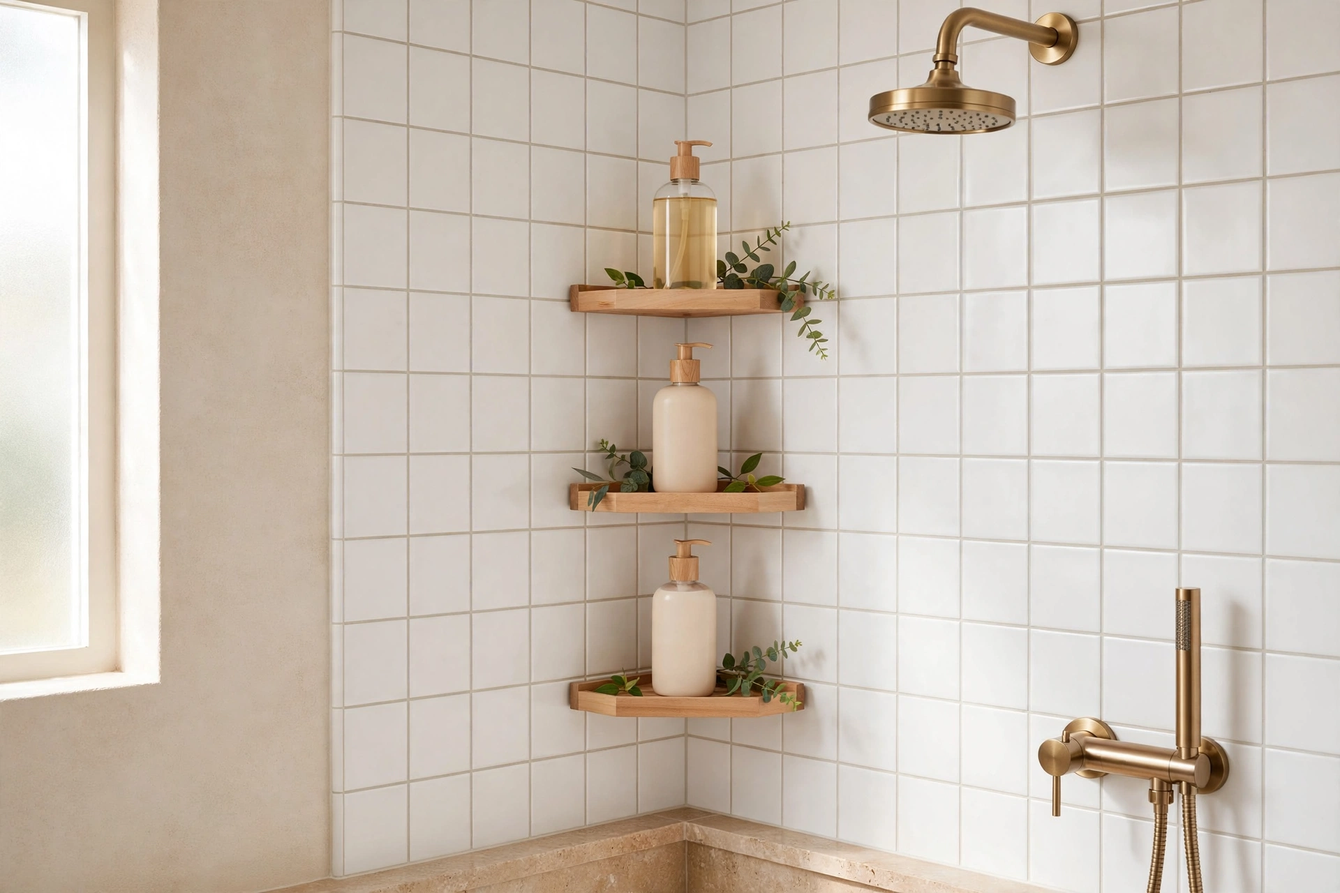 Stacked corner shelves in a shower corner holding bottles