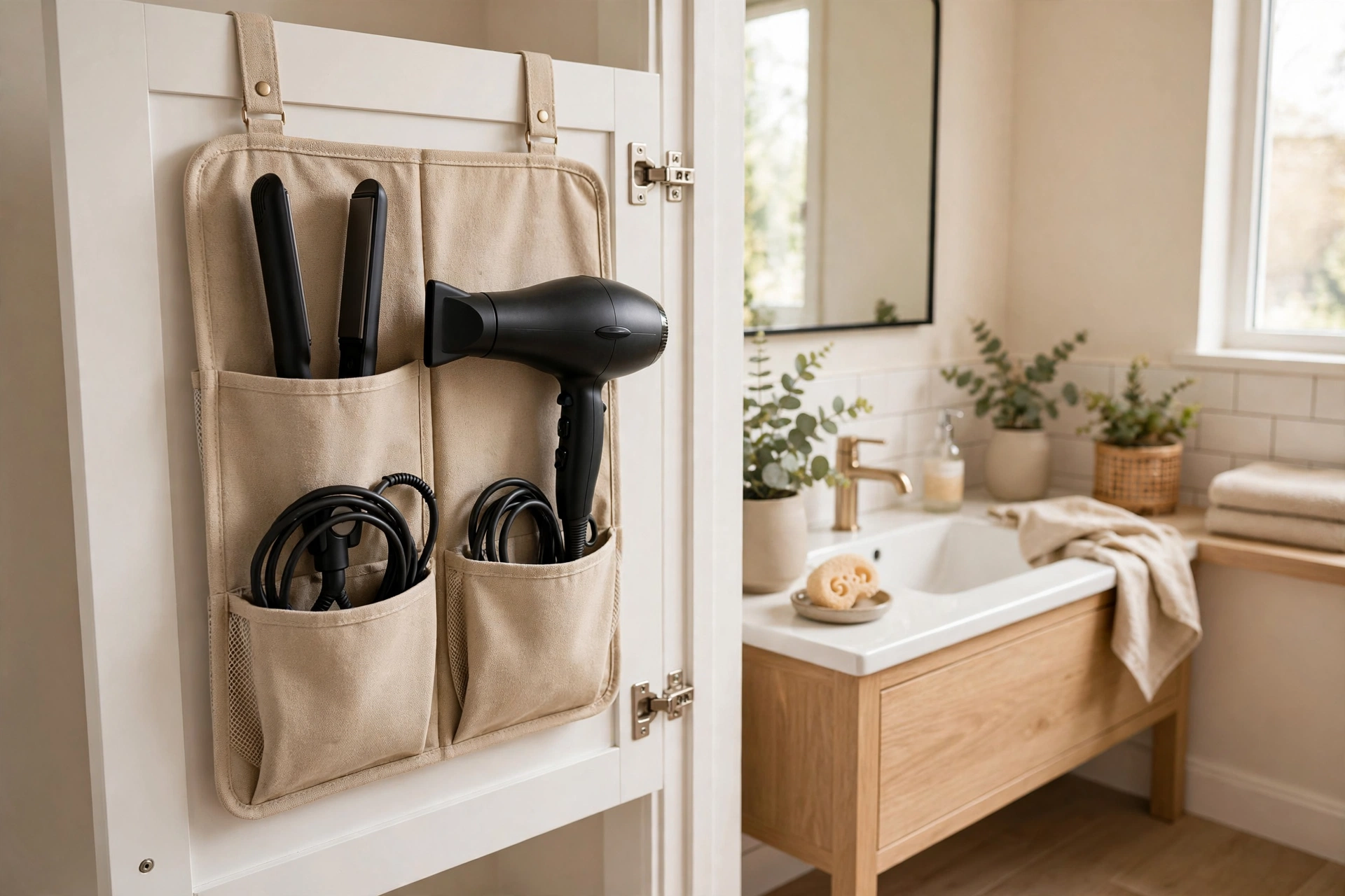 Heat-resistant hair tool organizer mounted inside a cabinet door