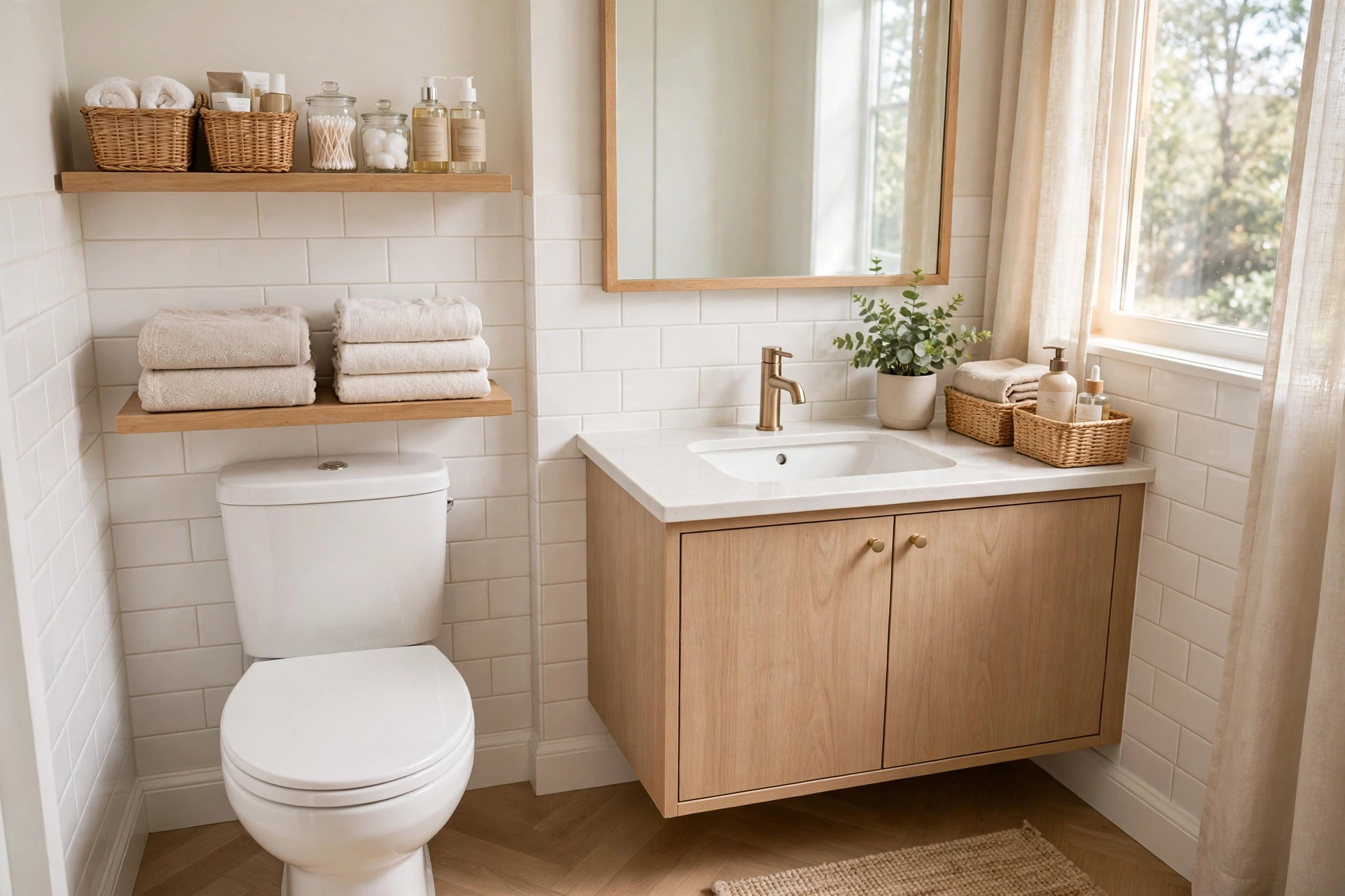 Sparkling tidy small bathroom after a weekly reset