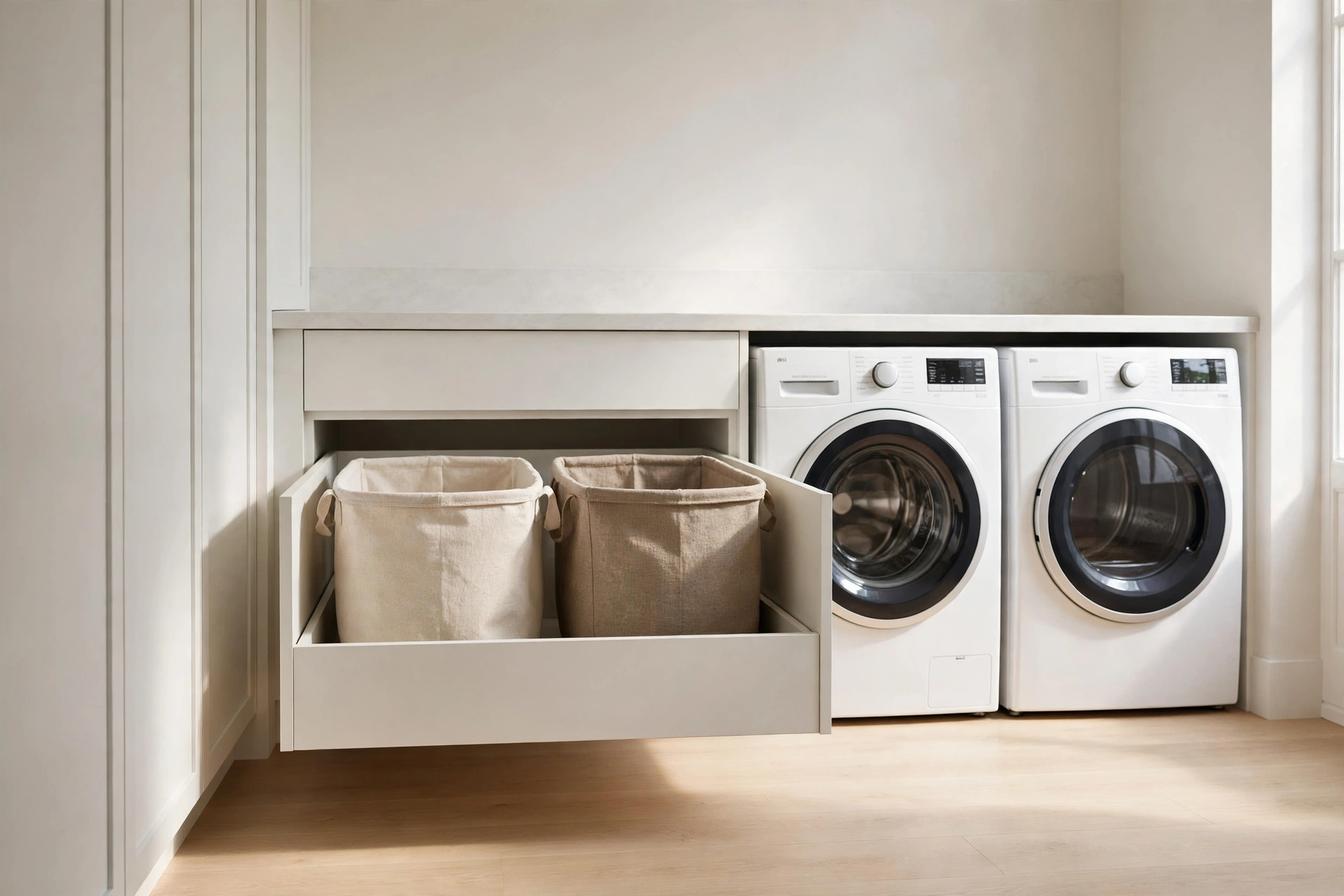 Hide Hampers in Pull-Out Cabinets Under the Counter