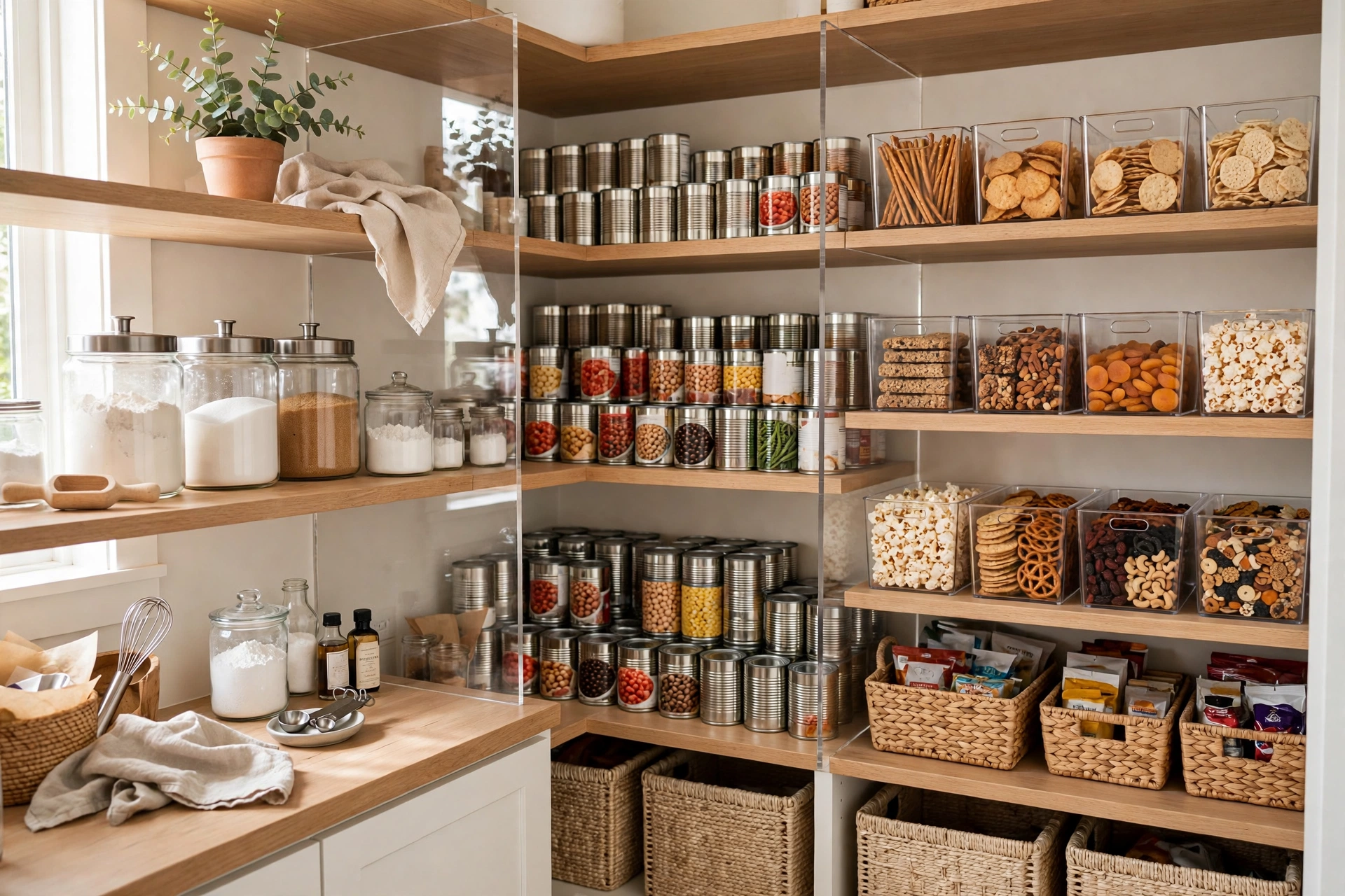 Zoned shelves by category in a small pantry