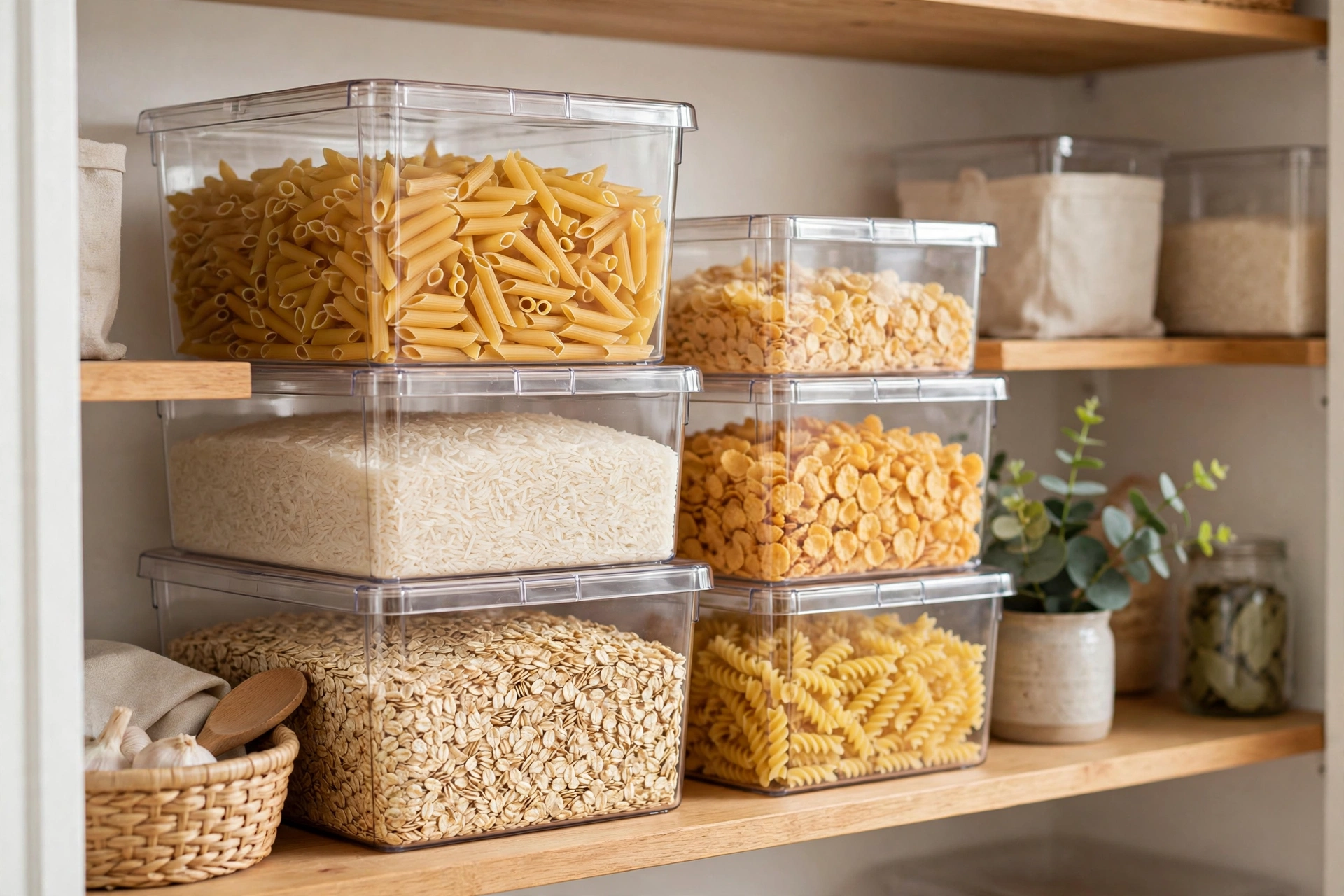 Clear stackable bins organizing dry goods on pantry shelves