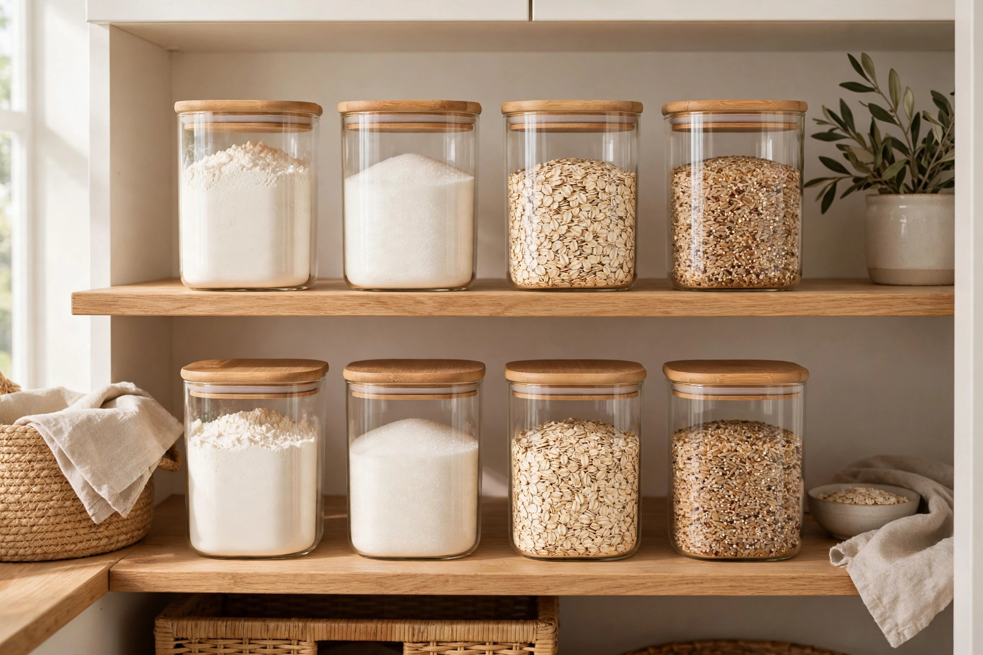 Matching airtight containers decanted with flour, sugar and grains
