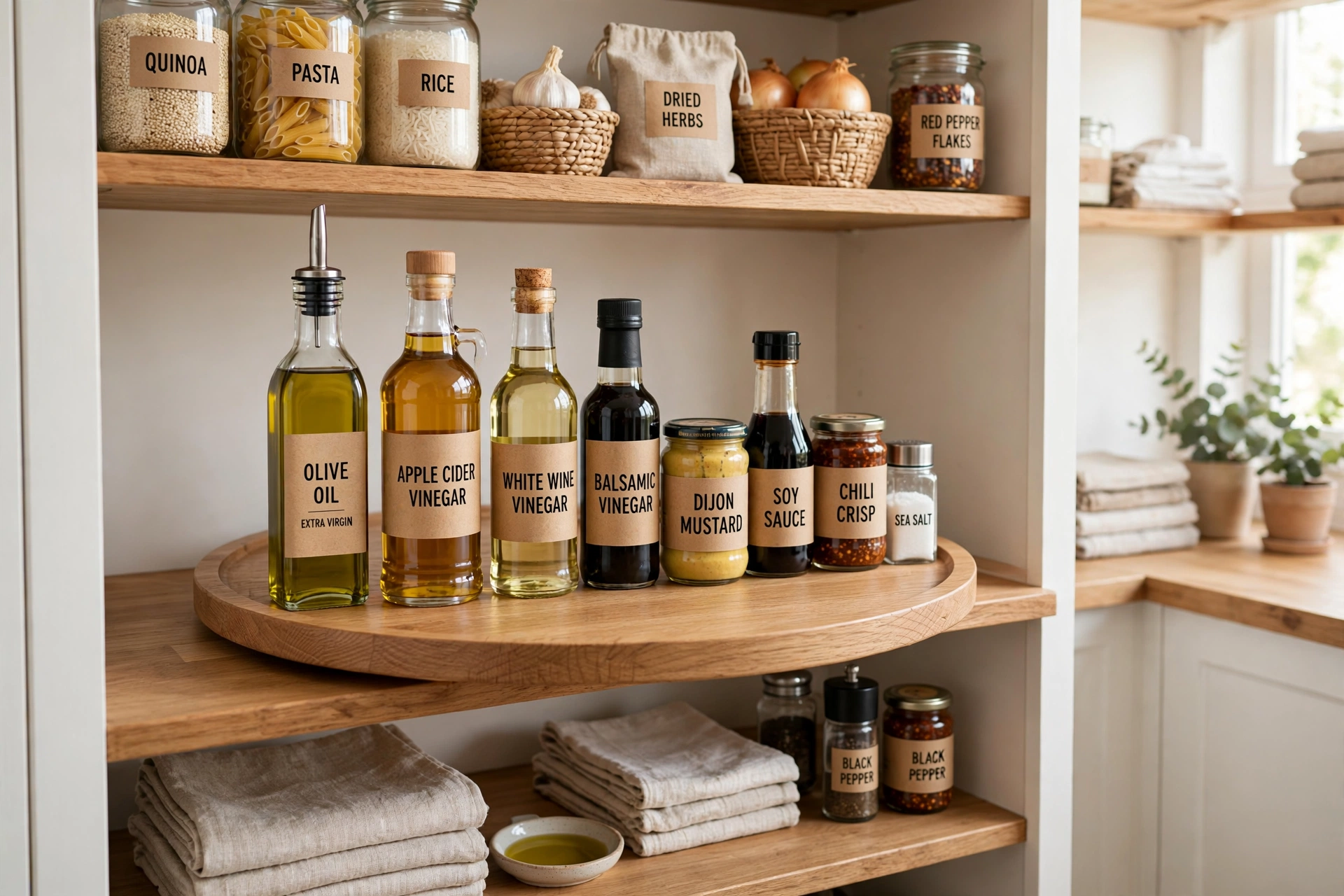 Lazy Susan holding oils and condiments on a pantry shelf
