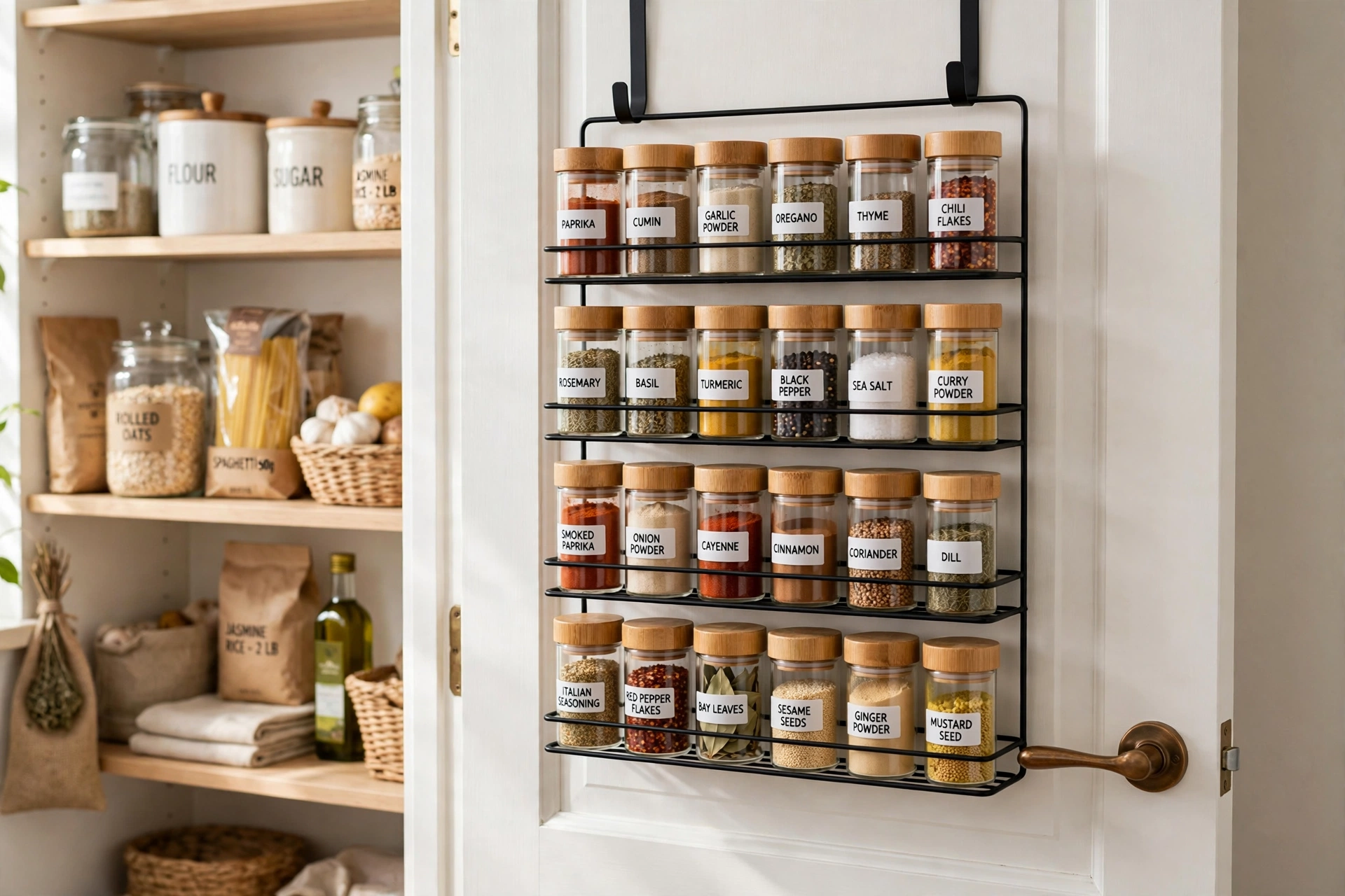 Over-the-door rack holding spices, packets and small bottles