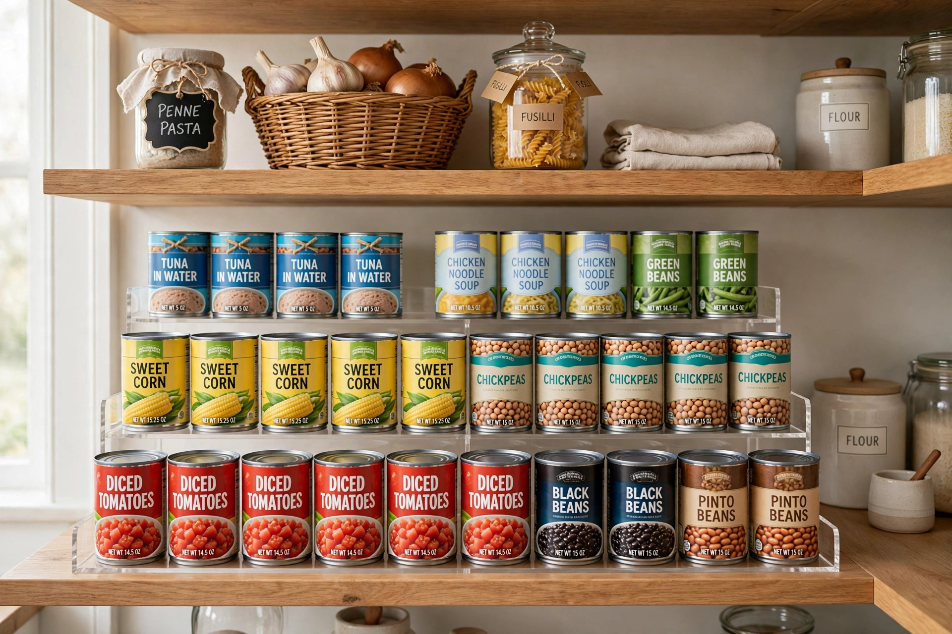 Tiered shelf risers displaying canned goods with visible labels