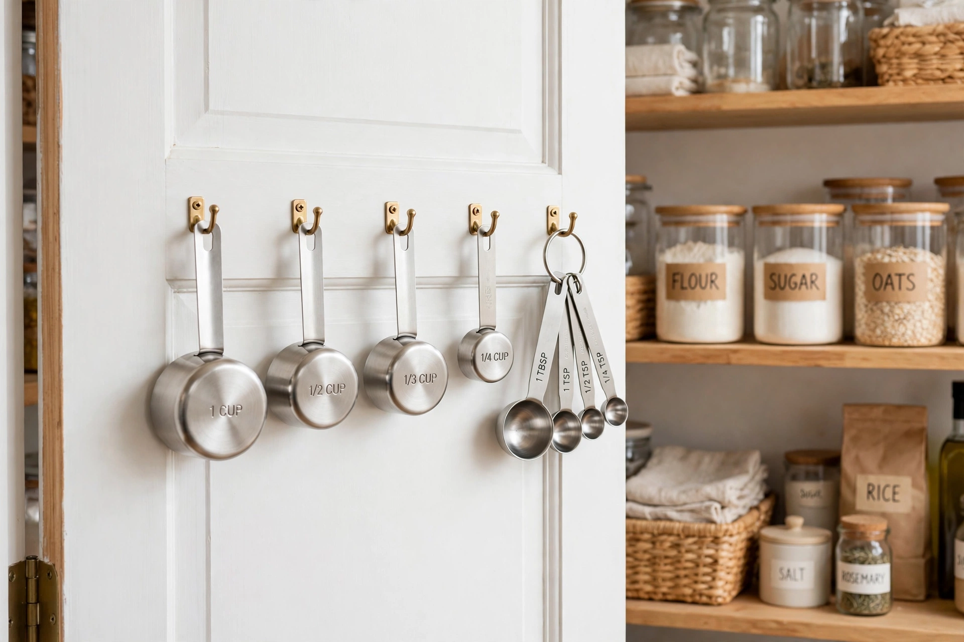Hooks on the pantry door holding measuring cups and tools
