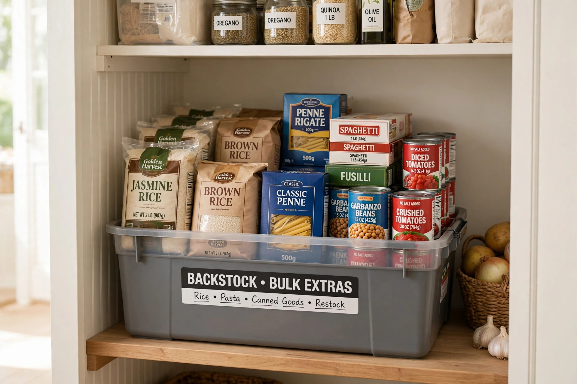 Labeled backstock bin for bulk pantry extras