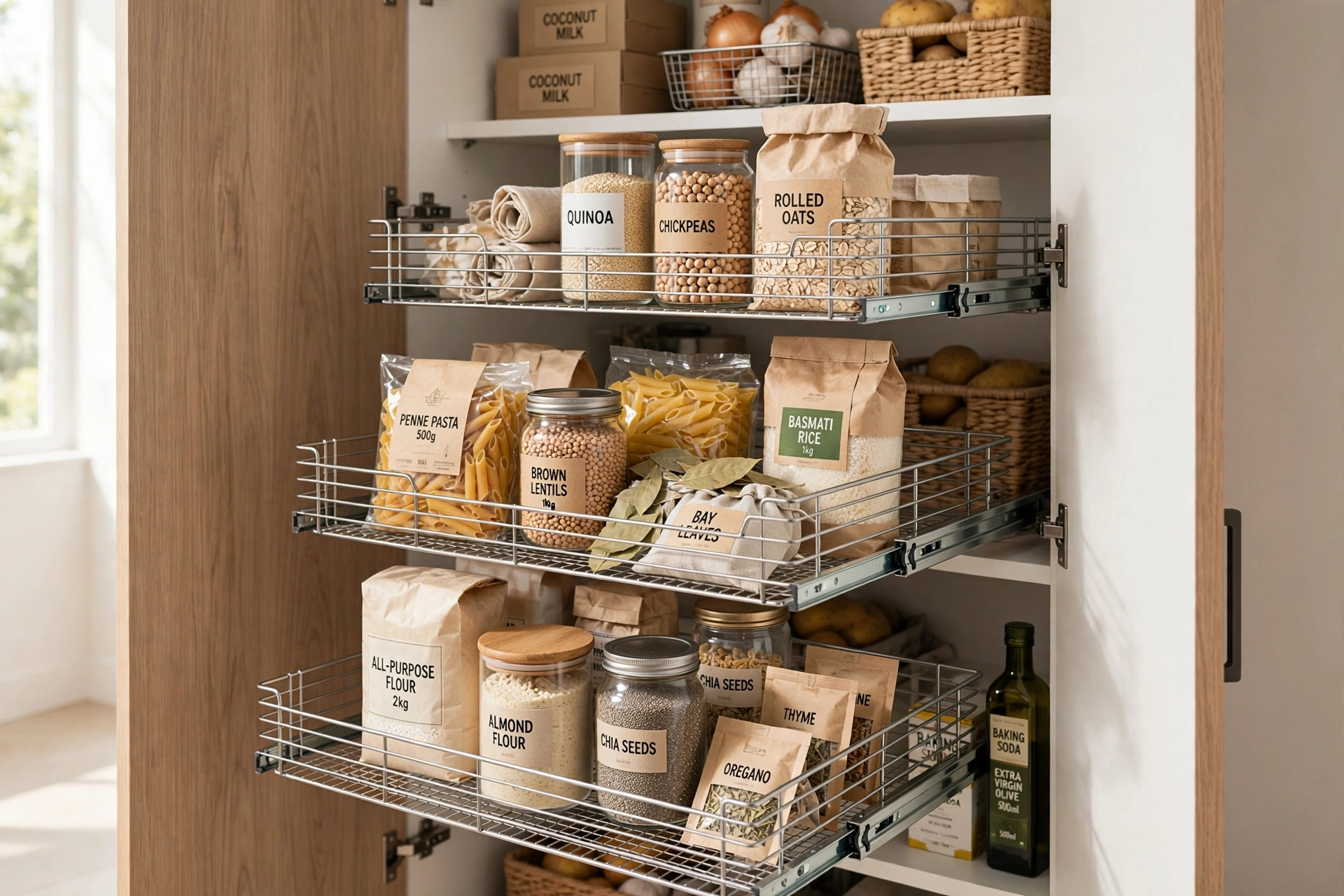 Slim pull-out baskets on deep pantry shelves