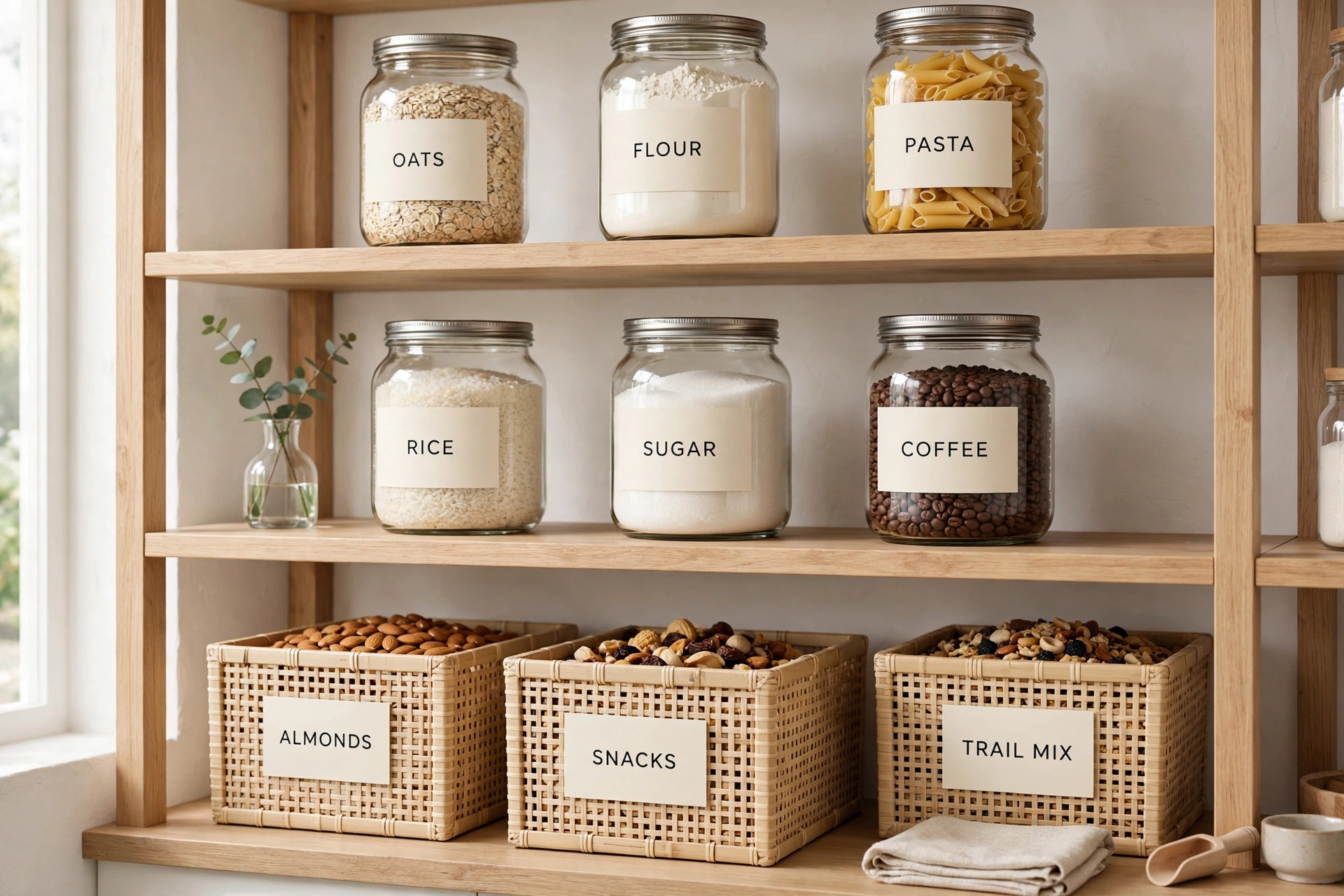 Consistent labels on pantry bins and containers