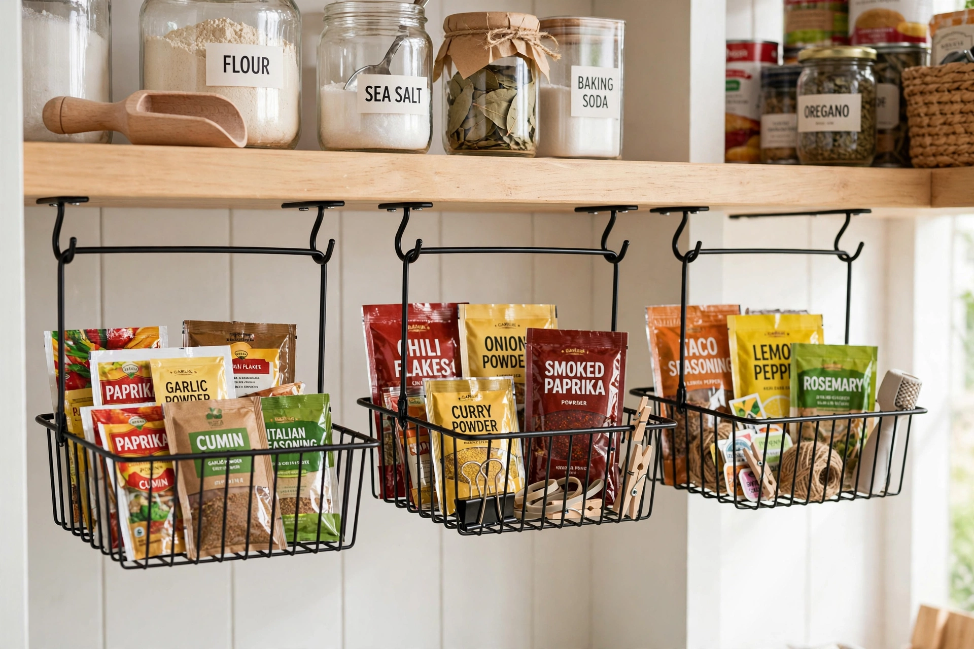 Under-shelf wire baskets adding extra storage layers