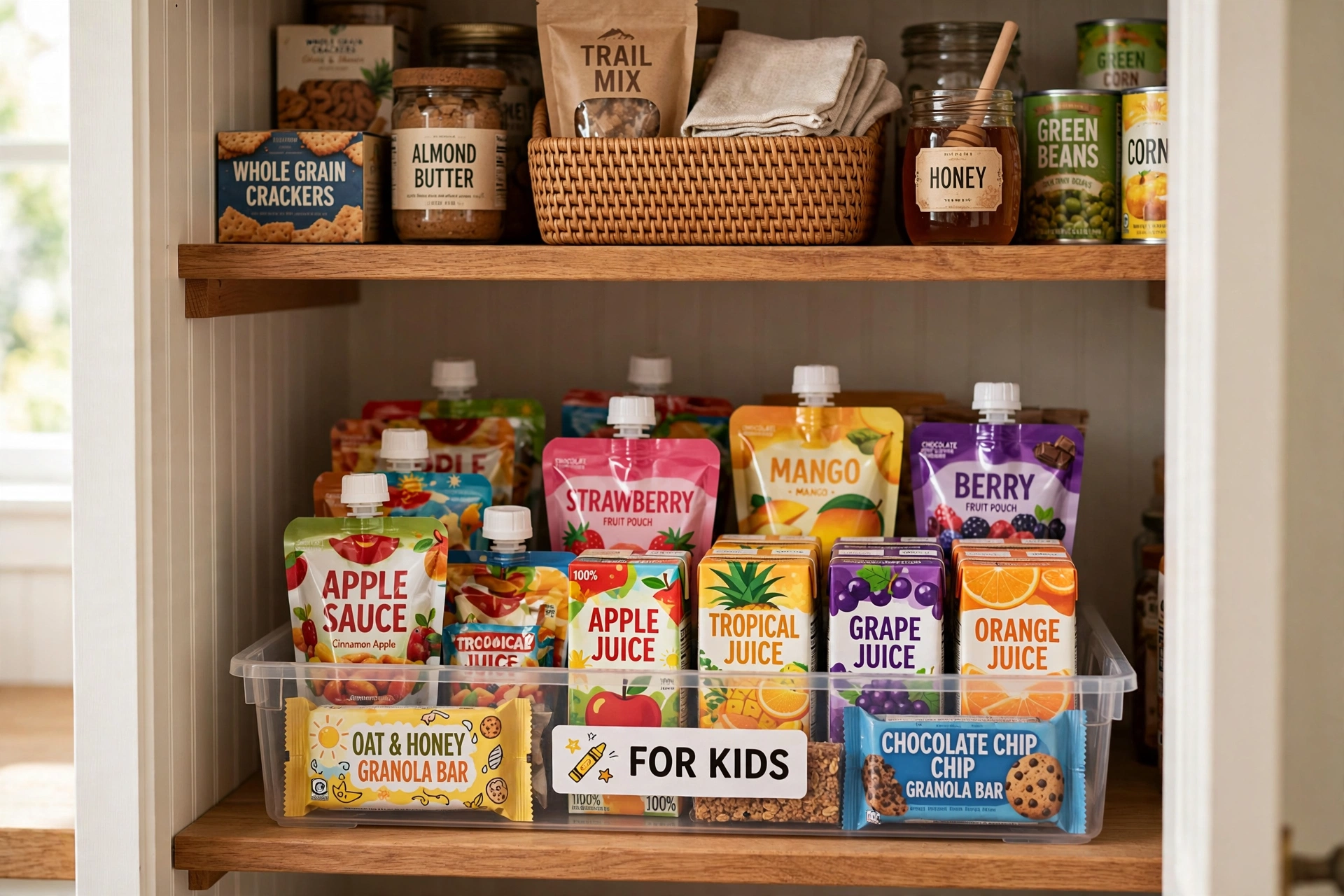 Kid-friendly snack bin in a small pantry