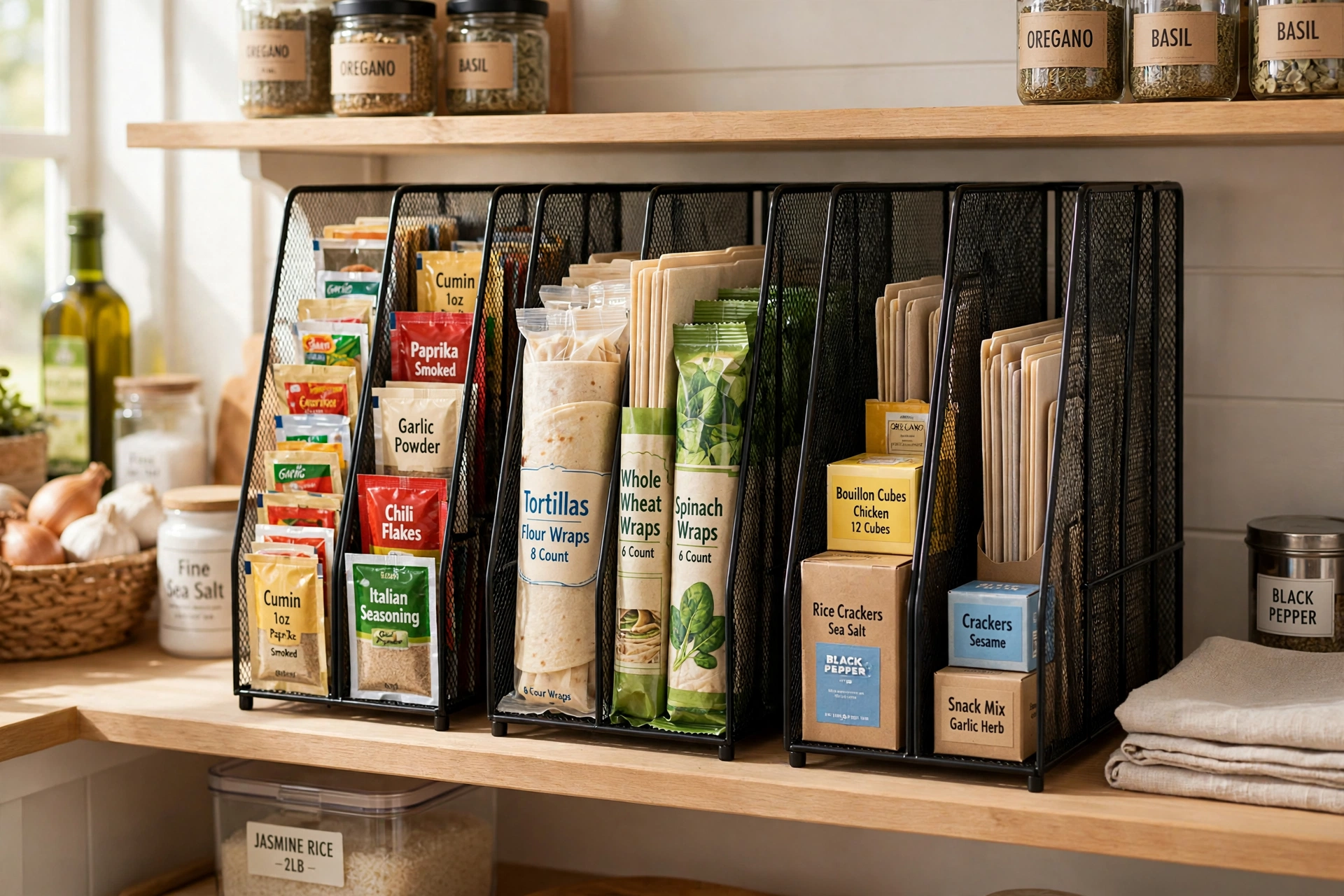 Vertical file organizers holding seasoning packets and wraps