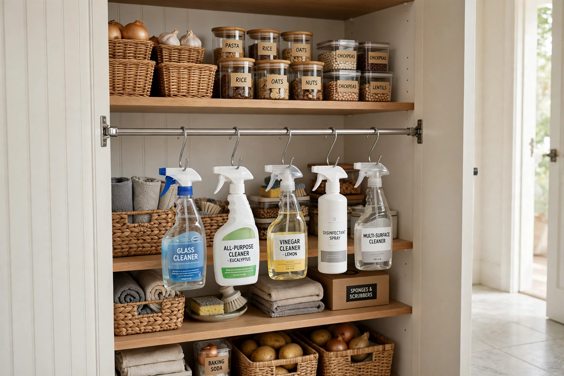 Tension rod holding spray bottles under a pantry shelf