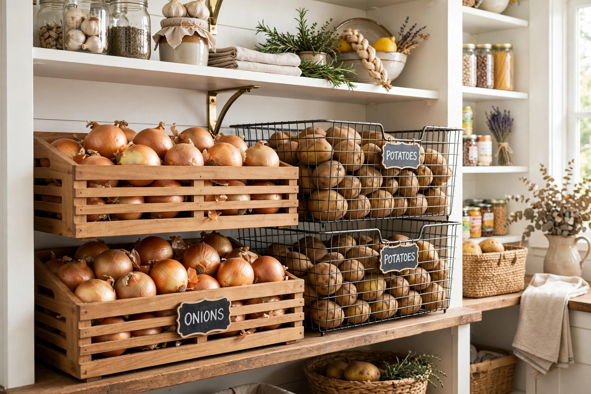 Ventilated stacking bins storing onions, potatoes and garlic