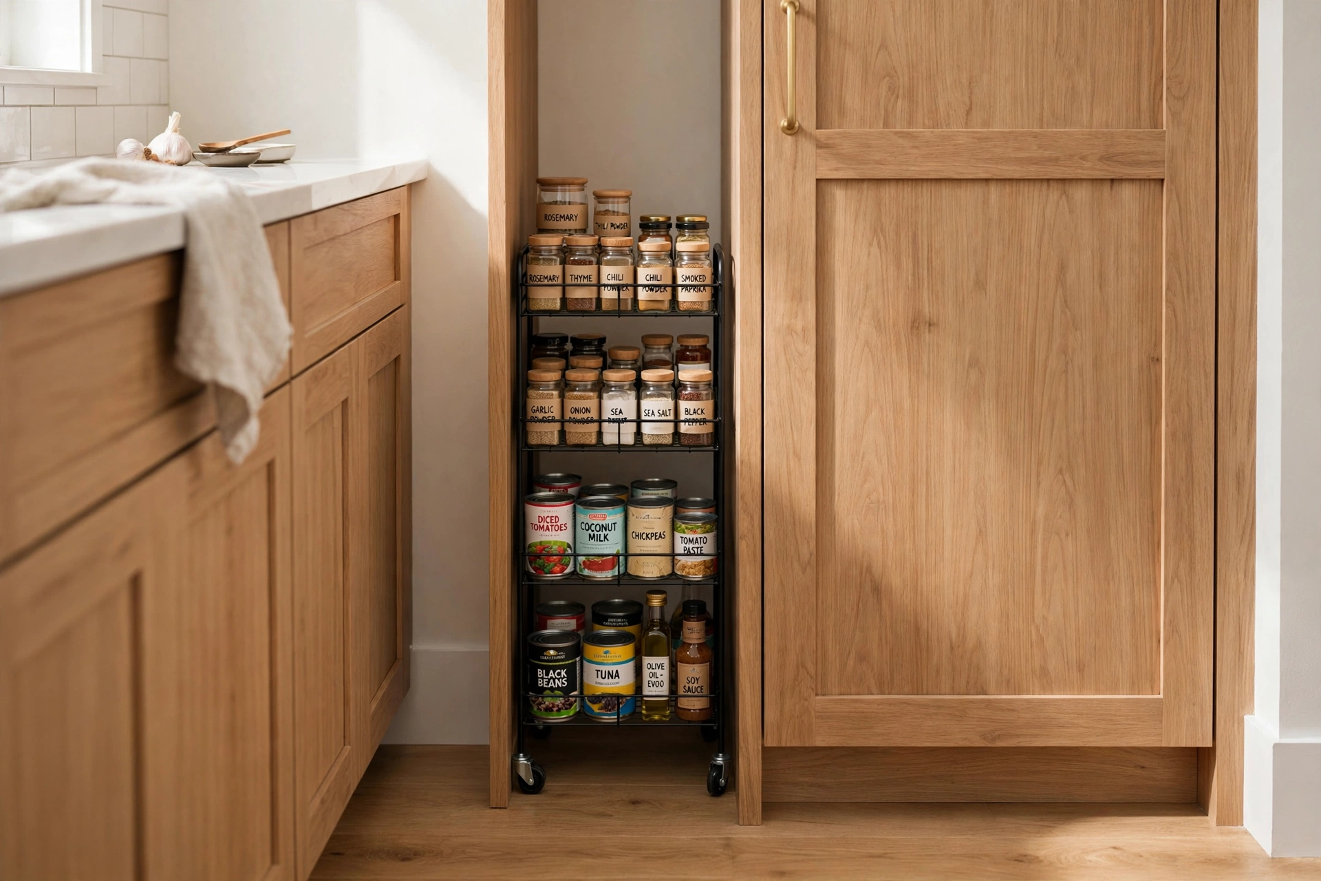 Slim rolling cart tucked into the pantry floor gap