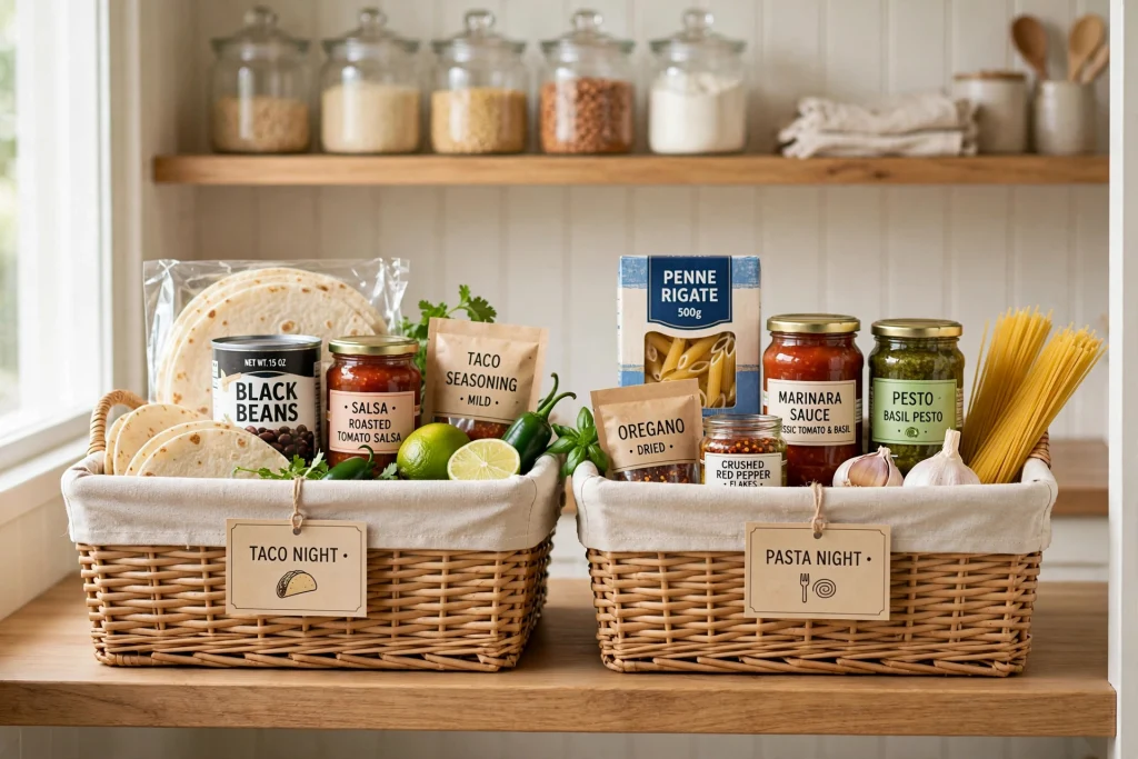 Meal-based bins grouping ingredients by dinner