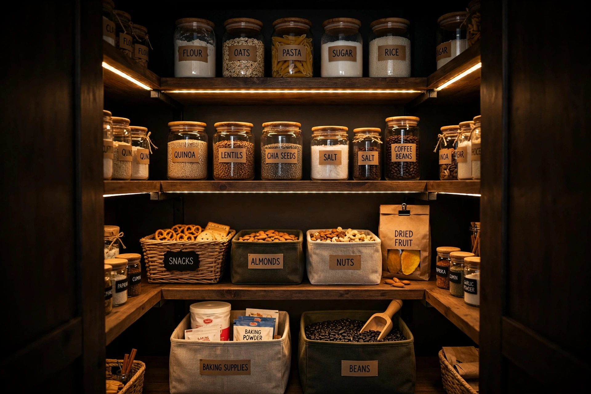 LED strip lights illuminating dark pantry shelves