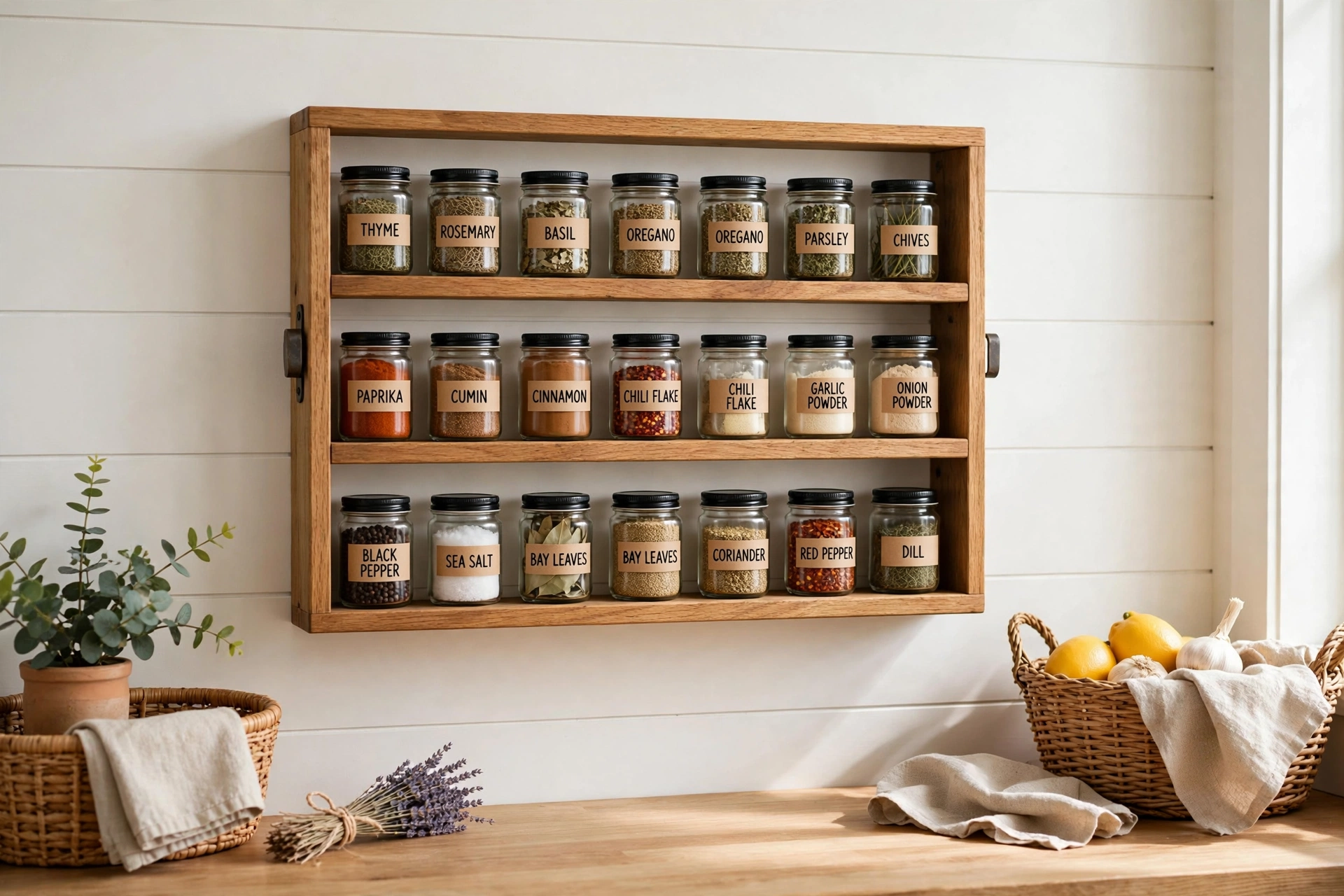 Wall-mounted spice rack with jars in a vertical column
