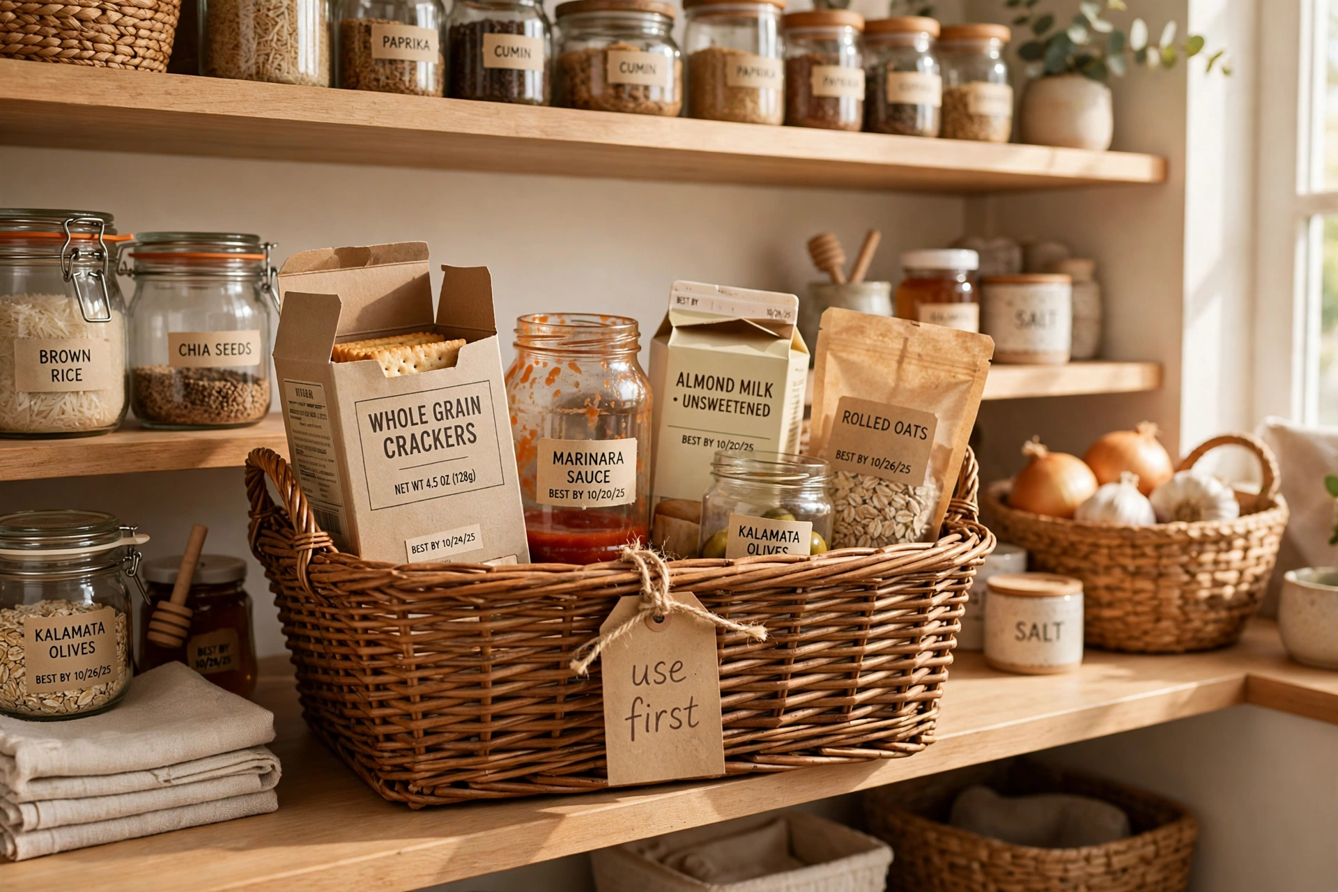 Use first basket for expiring pantry items at the front of a shelf