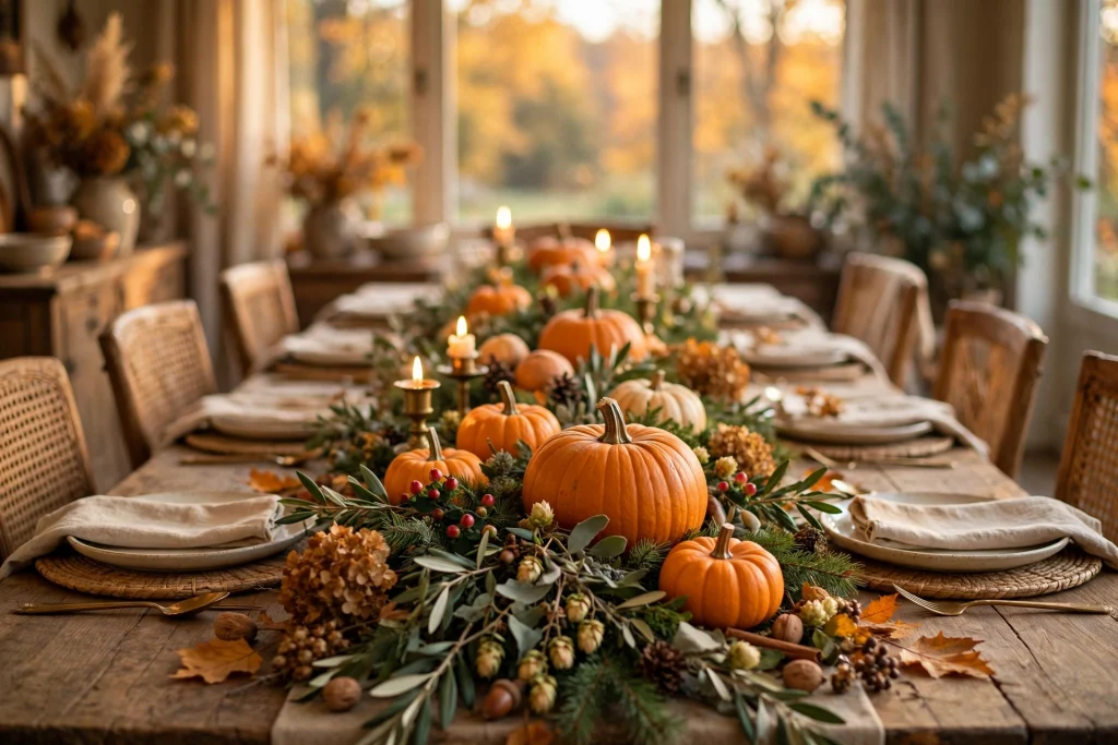 Classic pumpkin and greenery runner — thanksgiving table decor ideas
