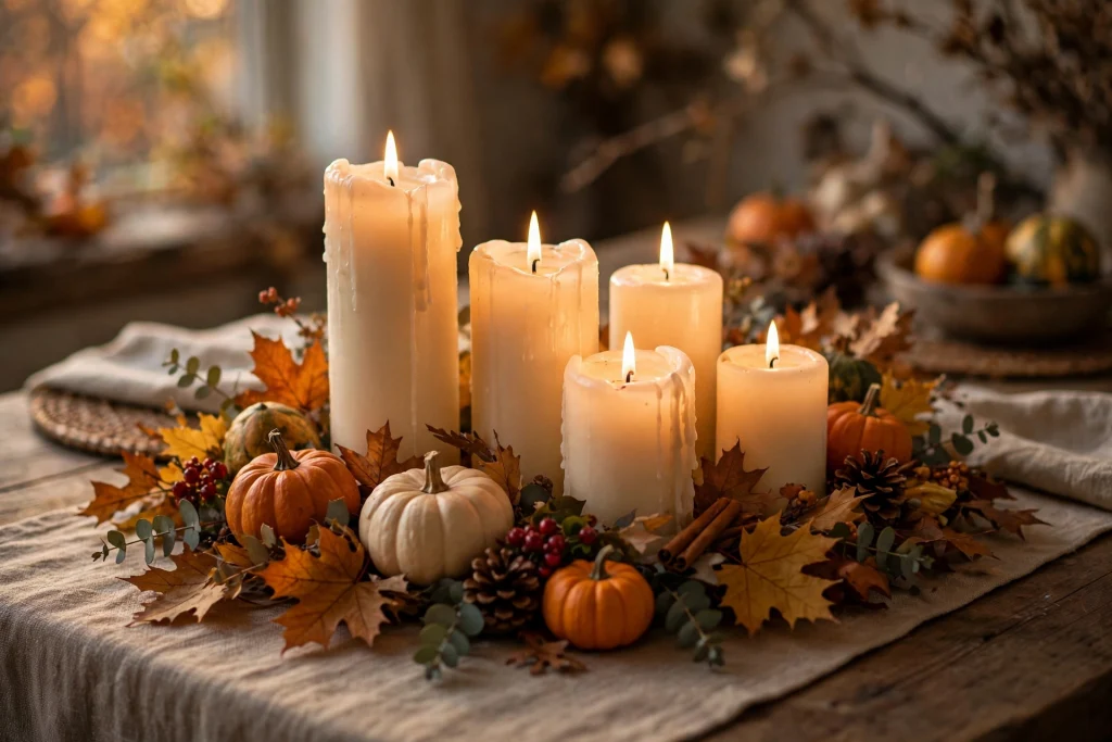 Candles of varying heights — thanksgiving table decor ideas