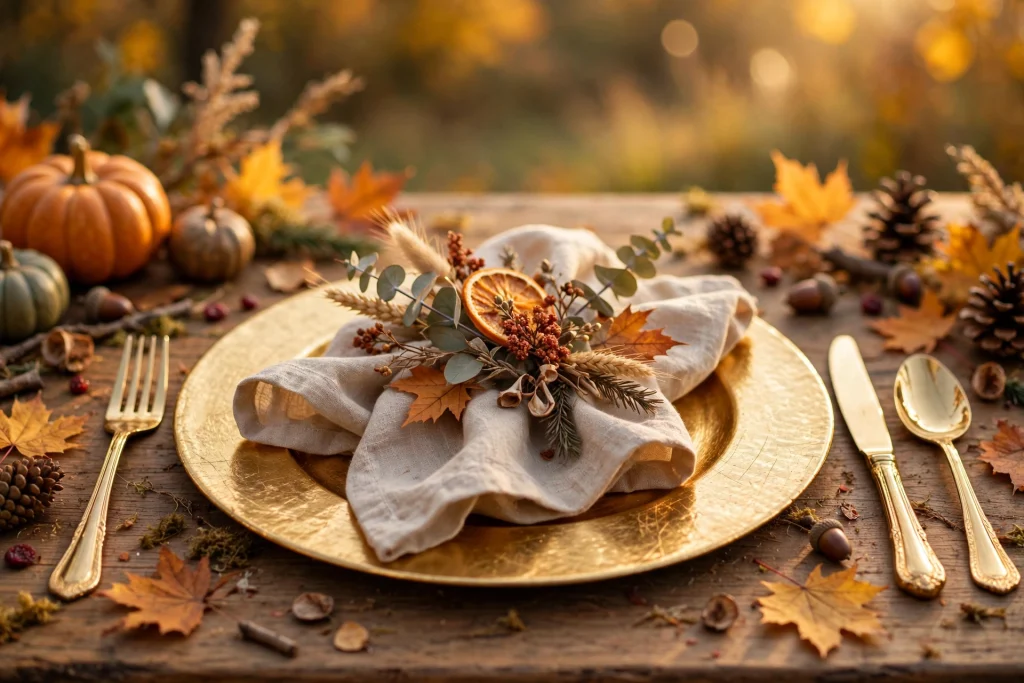 Gold flatware and chargers — thanksgiving table decor ideas