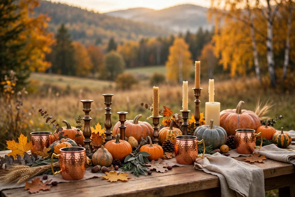 Copper and bronze accents — thanksgiving table decor ideas