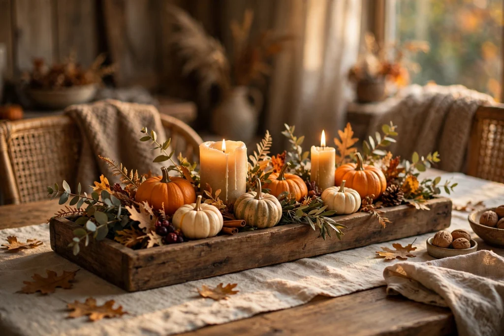 A low wooden tray centerpiece — thanksgiving table decor ideas