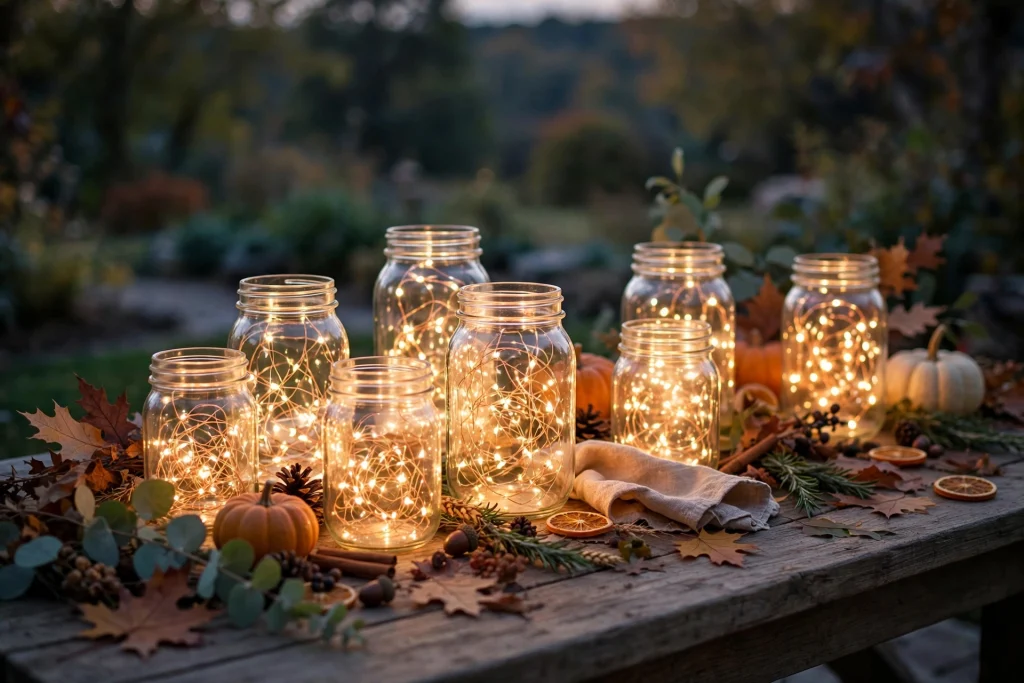 Fairy lights in glass jars — thanksgiving table decor ideas