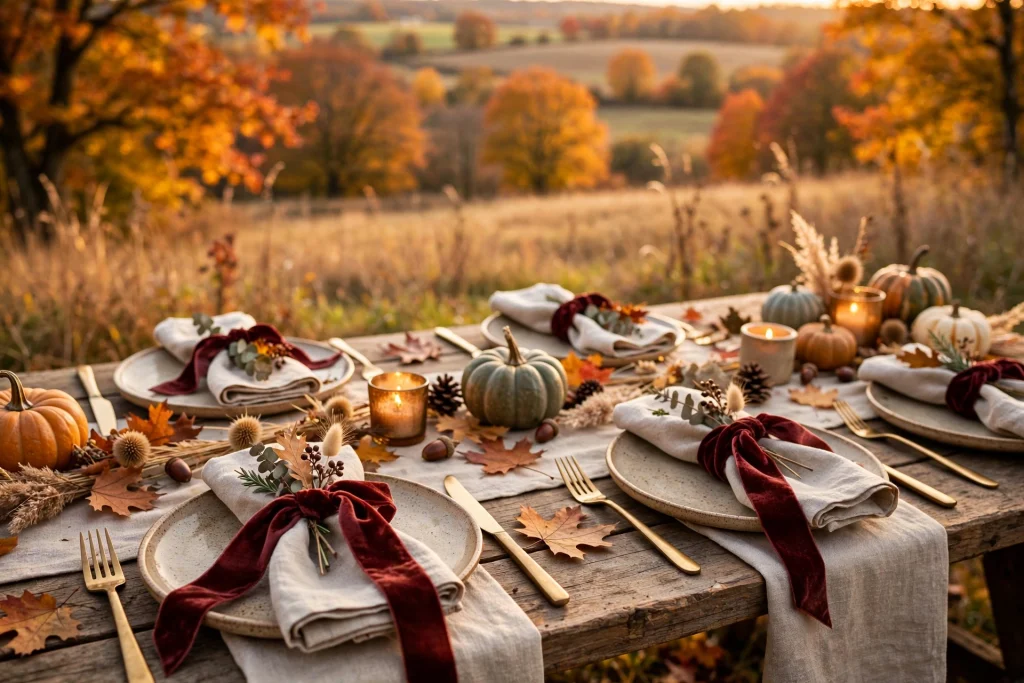 Velvet ribbon napkin ties — thanksgiving table decor ideas